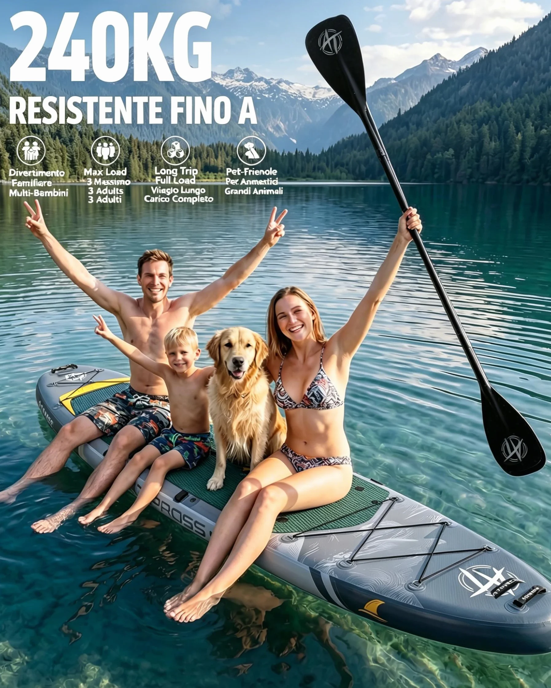 Tavola SUP Gonfiabile con Sedile Kayak e Accessori, 366x92cm Stand Up Paddle Extra Largo e Stabile, Portata 240kg, Canoa Gonfiabile 2 Posti per Yoga, Pesca e Surf