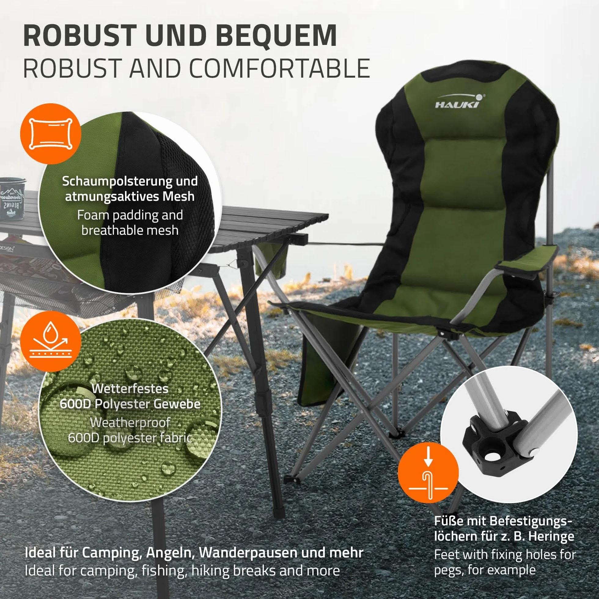 Hauki Set Mobili da Campeggio 3 Pezzi Tavolo Pieghevole Beige 2 Sedie Kaki per 2 Persone Borsa da Trasporto Alluminio