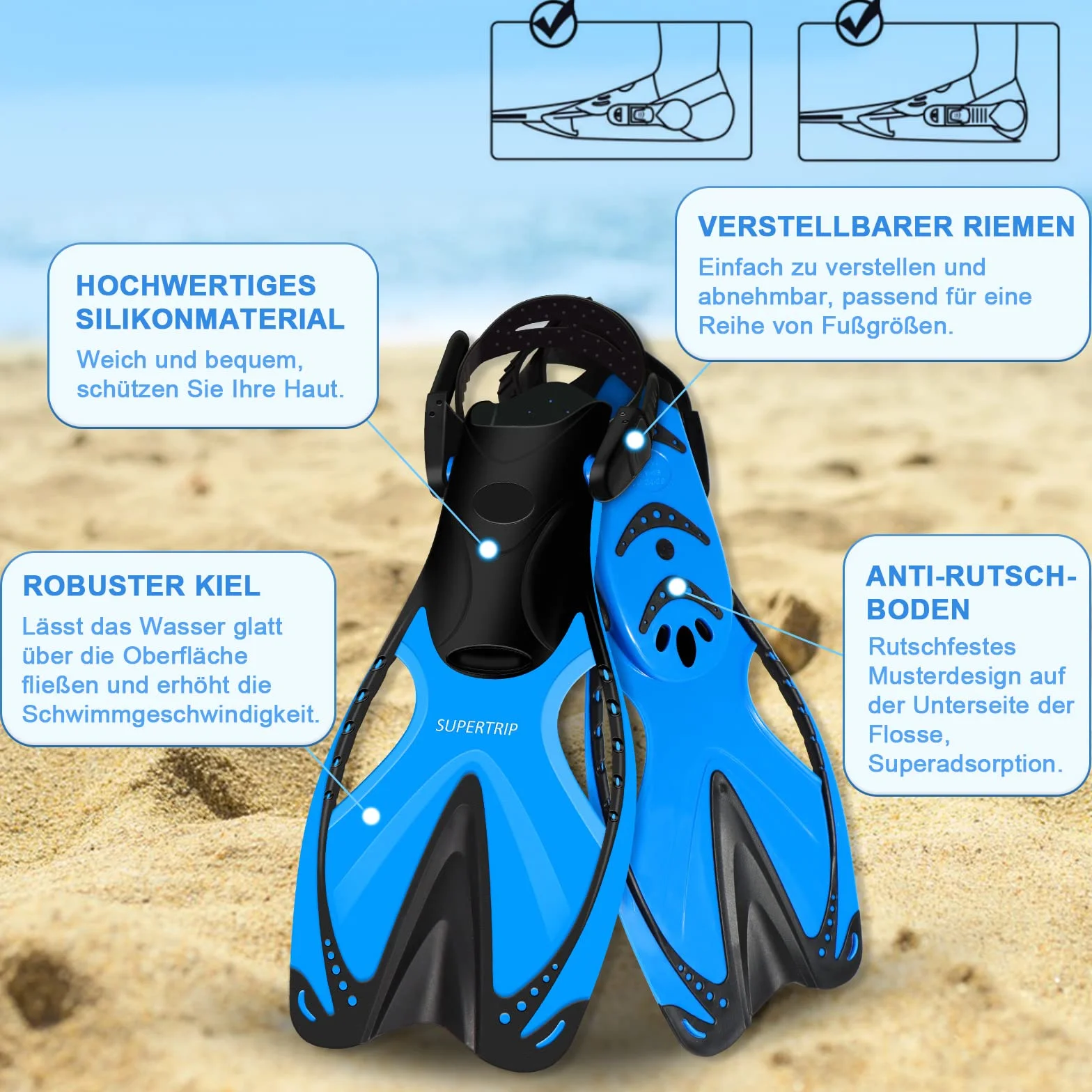 Supertrip Set da snorkeling bambini 3 pezzi pinne regolabili occhiali subacquei vetro temperato boccaglio ad asciugatura premium
