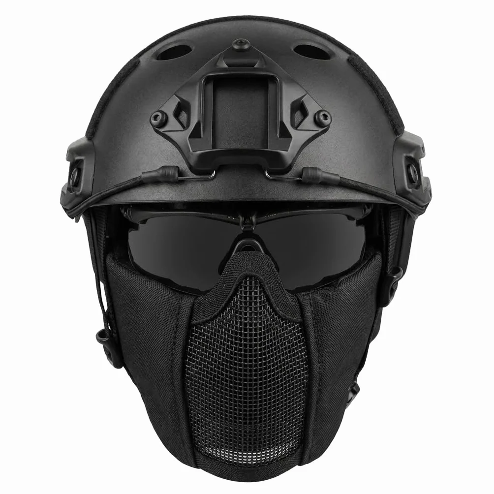 Casco Fast Tattico MH Combinato Protezione Orecchie Pieghevole Maschera Rete Mezza Faccia Occhiali Airsoft Paintball