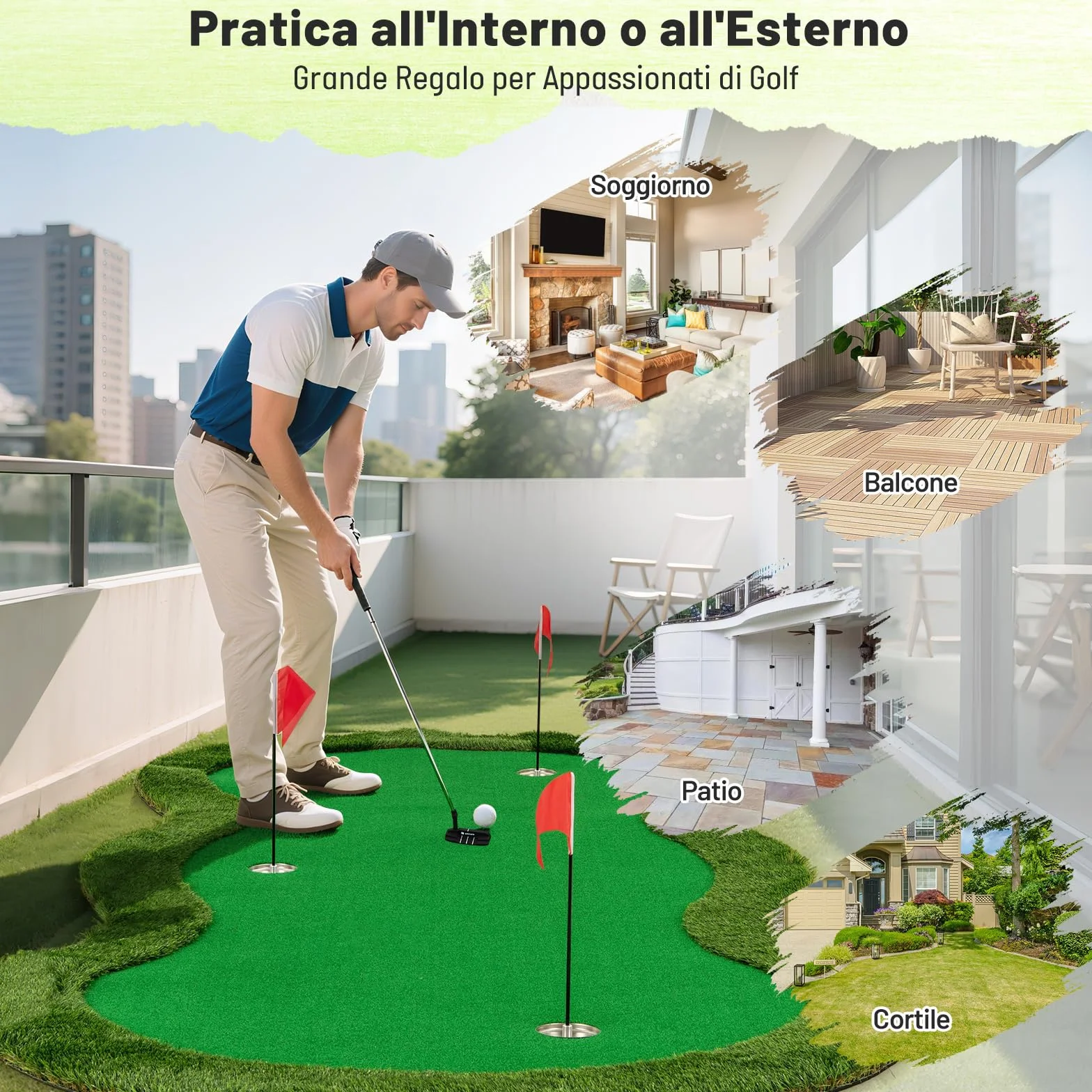 COSTWAY Putting Green Tappetino da Golf 300x150 cm 3 Buchi con Palline