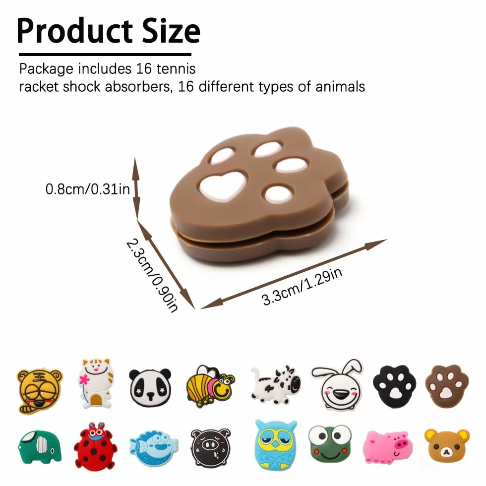 16 Pezzi Antivibrazione Tennis Bambini Ammortizzatori Racchetta Silicone Badminton Motivo Animali