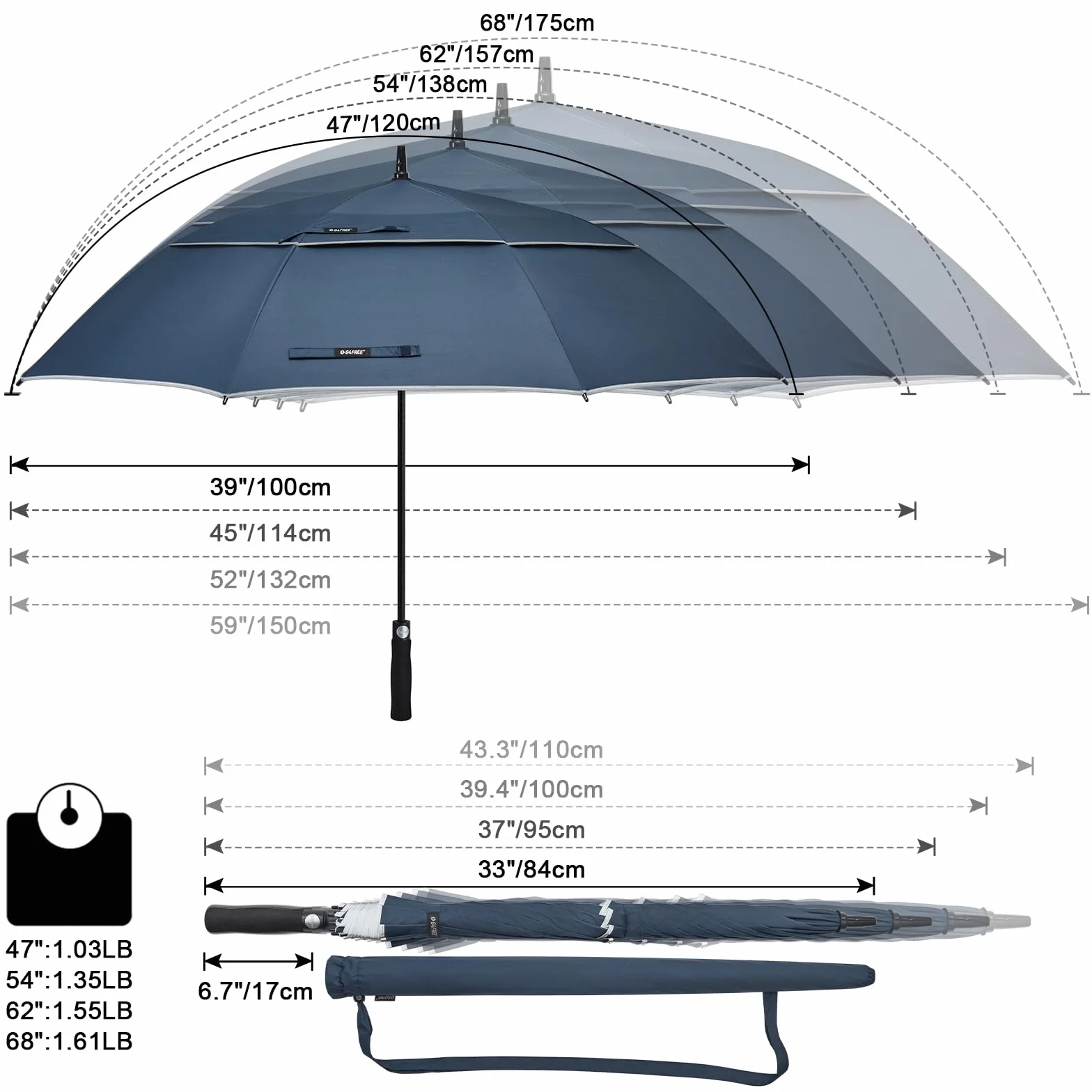 G4Free 47-68 Pollici Golf Ombrello Auto Aperto Antivento Doppio Canopy