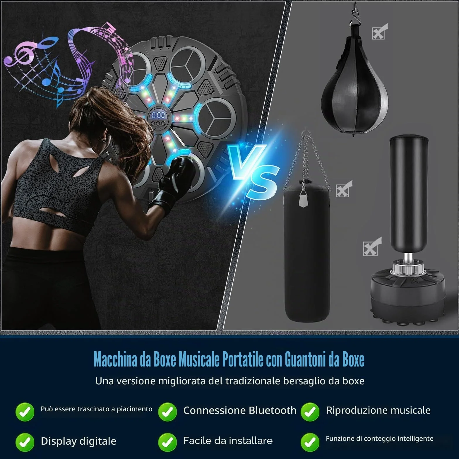 Machine de Boxe Musicale,LED Macchina da Boxe Musicale da Parete Pugile con Guanti da Boxe,3 modalità di velocità e modalità di Conteggio,Bluetooth Boxe Allenamento pour Enfants et Adultes