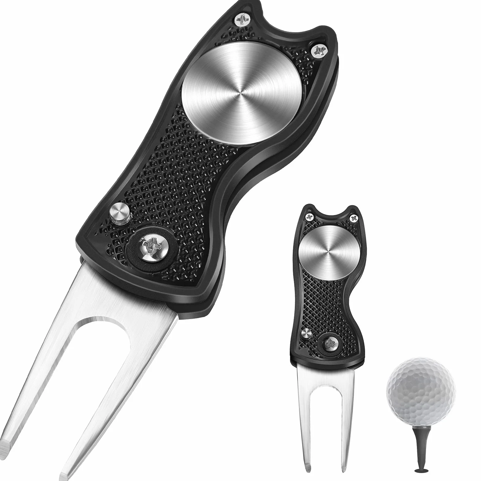 Strumento di Riparazione Divot Golf in Acciaio Inossidabile Forcone Pieghevole con Pennarello, Nero