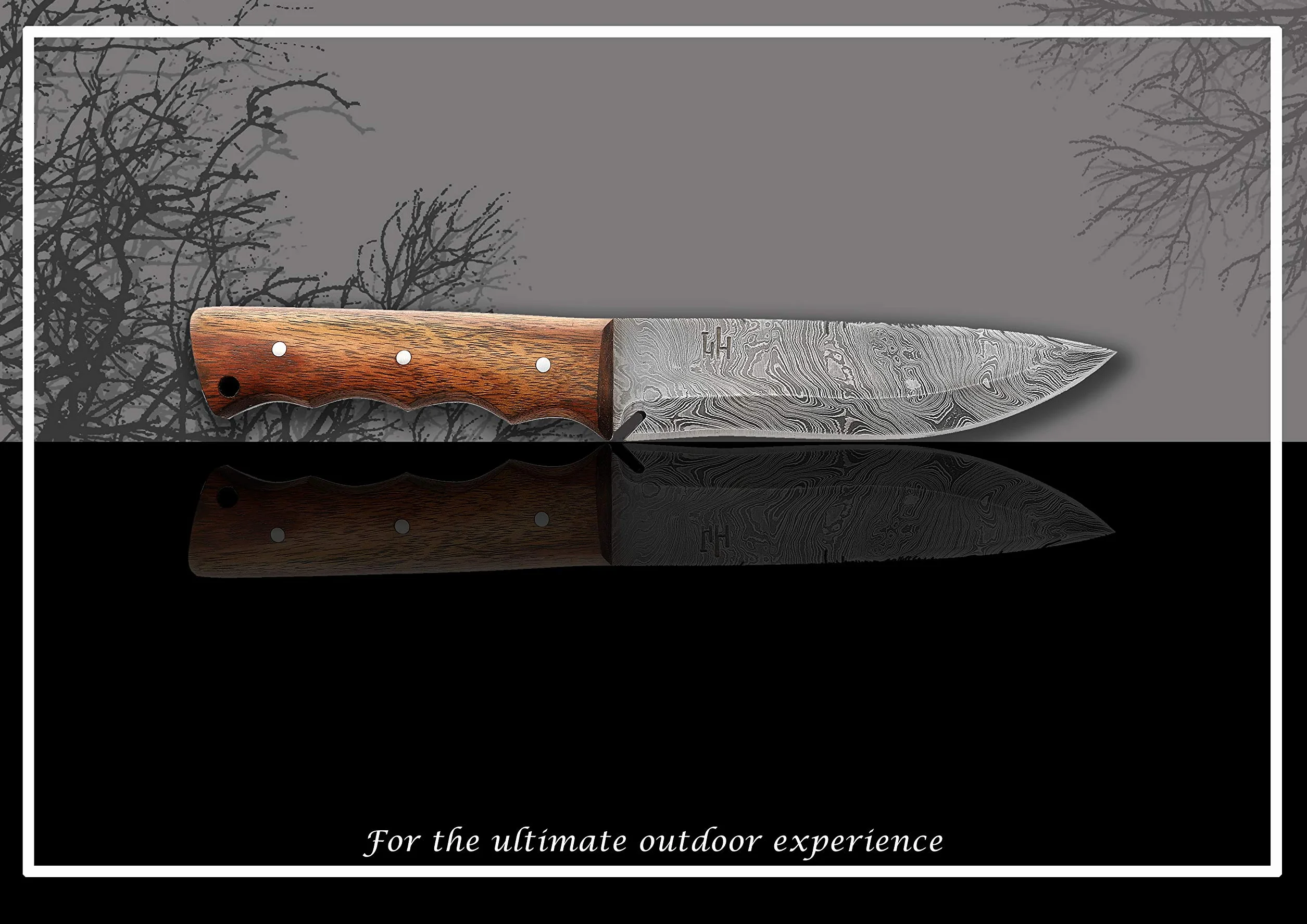 Hobby Hut HH-401, 11,5 Pollici Bushcraft Coltello in Acciaio Damasco | Coltello da Caccia, Manico in Legno di Noce | Fodero in Pelle | Lama affilata del Rasoio all'aperto