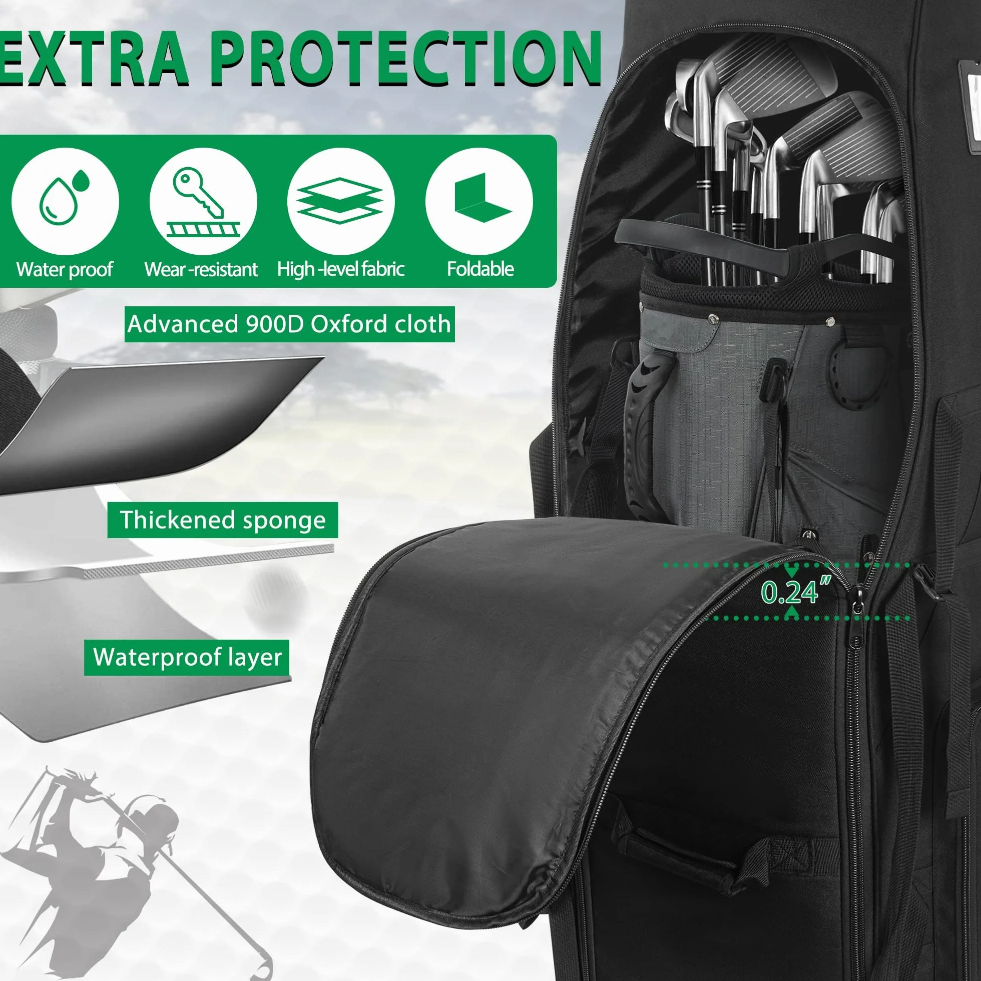 Borsa da viaggio da golf con ruote, grande capacità, trolley da golf con ruote rinforzate, 900D impermeabile Oxford panno per viaggi in aereo
