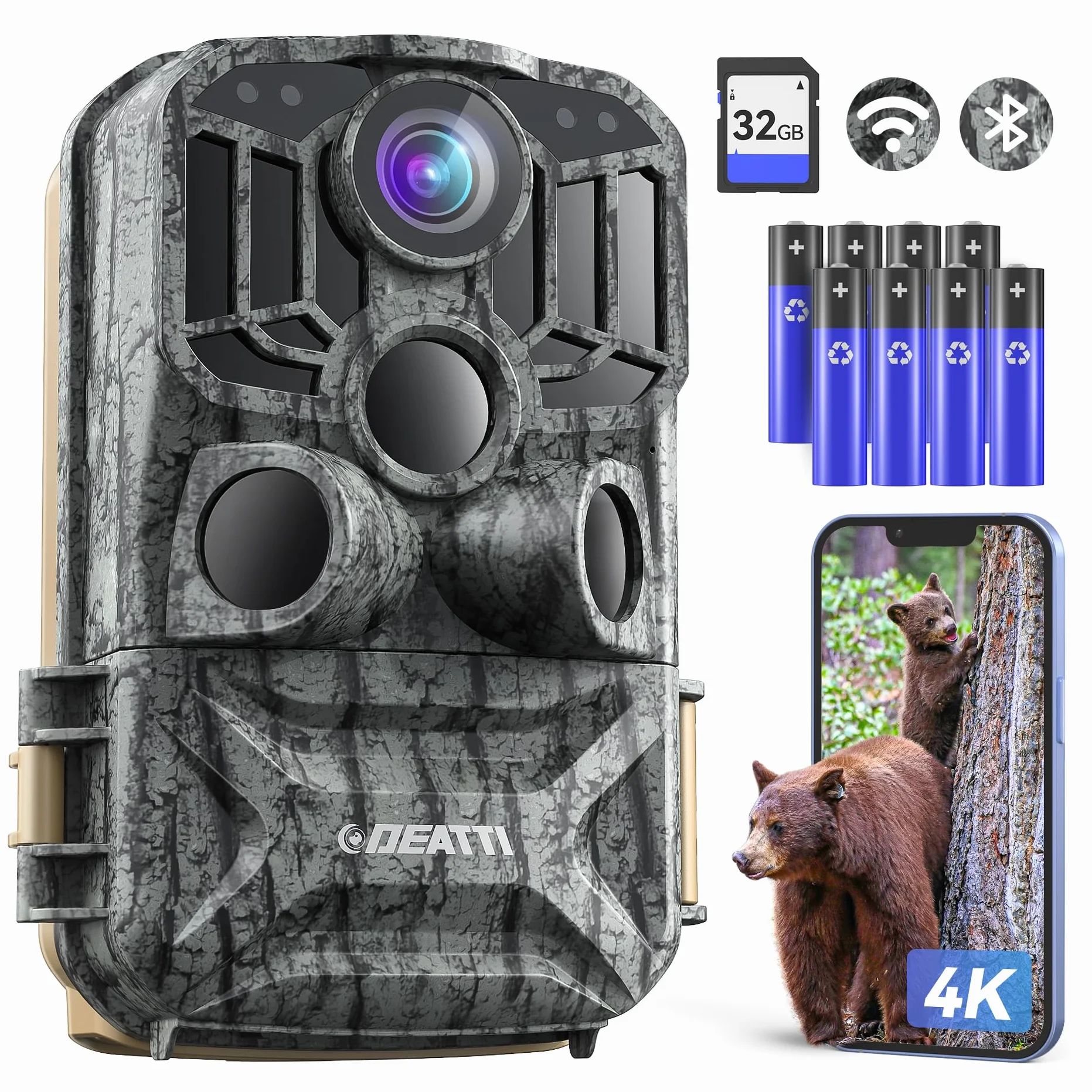 DEATTI Fototrappola WIFI 4K 48MP con Scheda SD 32GB Visione Notturna Impermeabile IP66