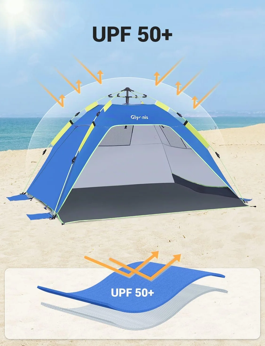Tenda da Spiaggia Quick-up UPF 50+ 215x150x115cm 3-4 Persone con Finestre e Porte