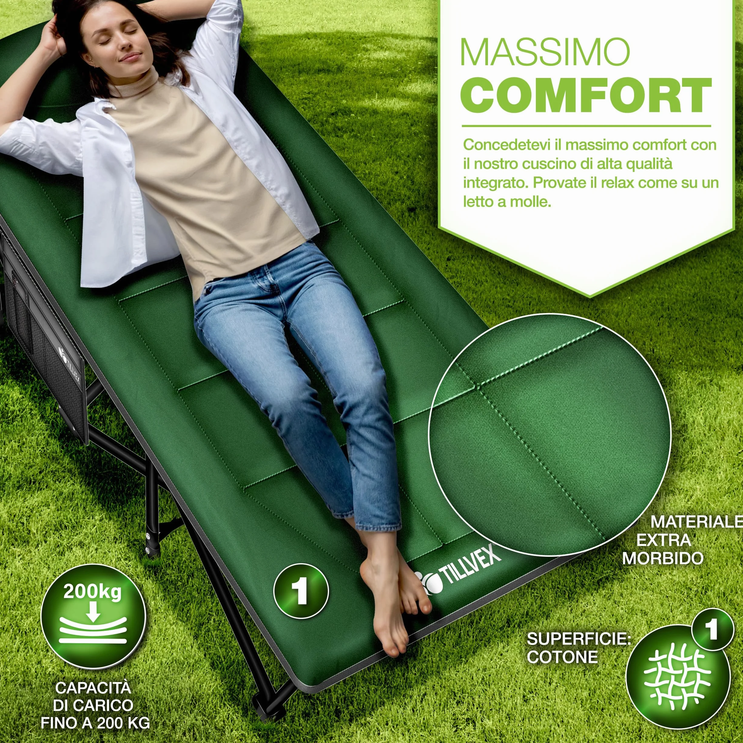 tillvex® Letto da campeggio pieghevole con borsa trasporto 200 kg extra largo