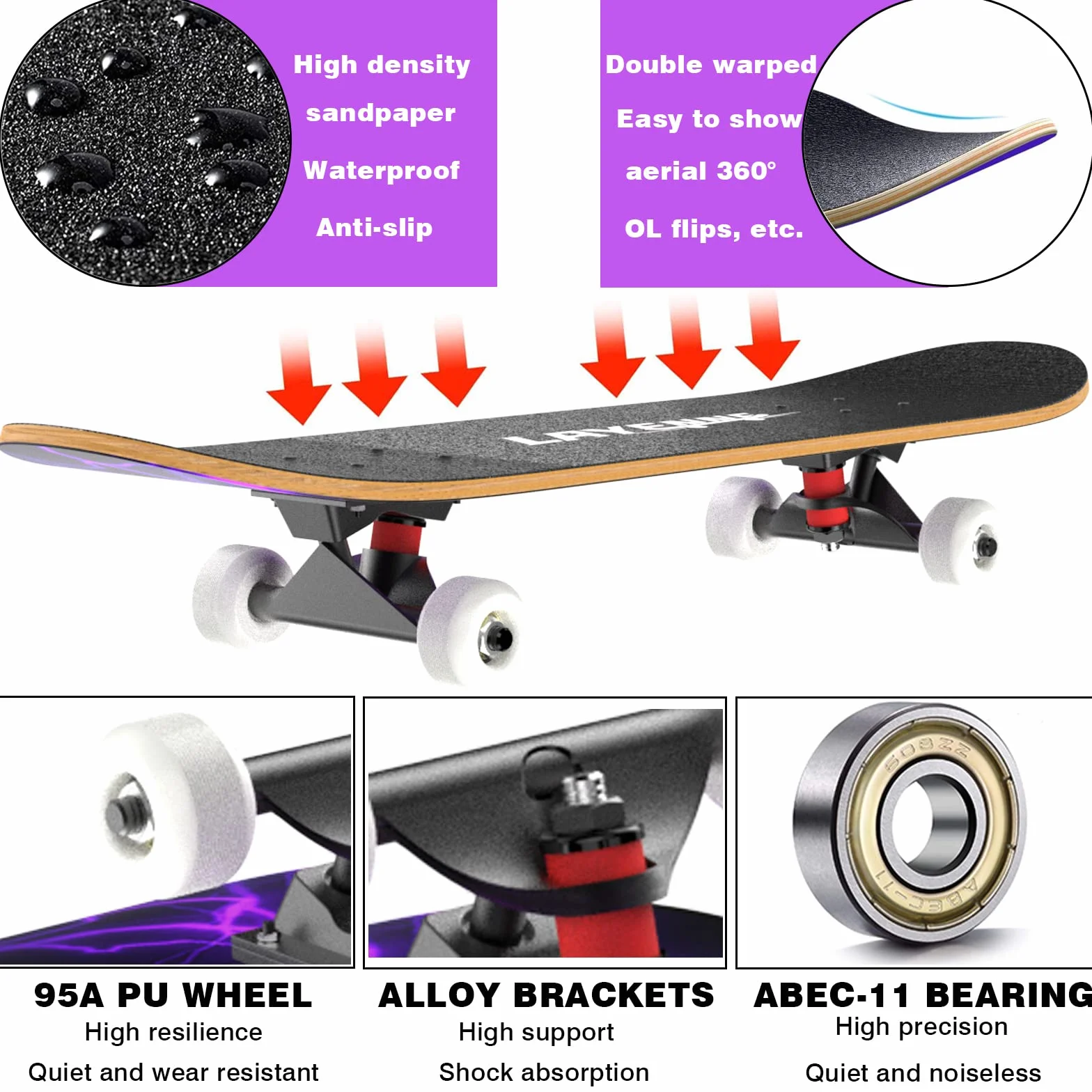 LAYENNE Skateboard,skateboard completo professionale da 31 * 8 pollici,tavola skateboard 7 strati acero,Staffa ABEC-11,adatto per adulto, principianti, ragazzi, ragazze, adolescenti e bambino