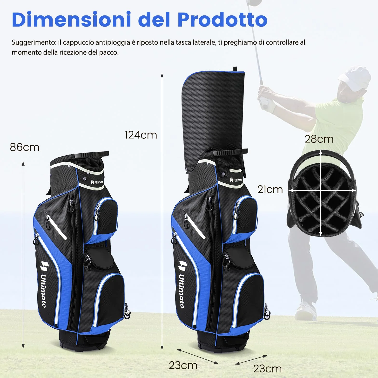 COSTWAY Borsa da Golf con Divisori Superiori a 14 Vie, 9 Tasche, Tasca Termica, Cappuccio Antipioggia