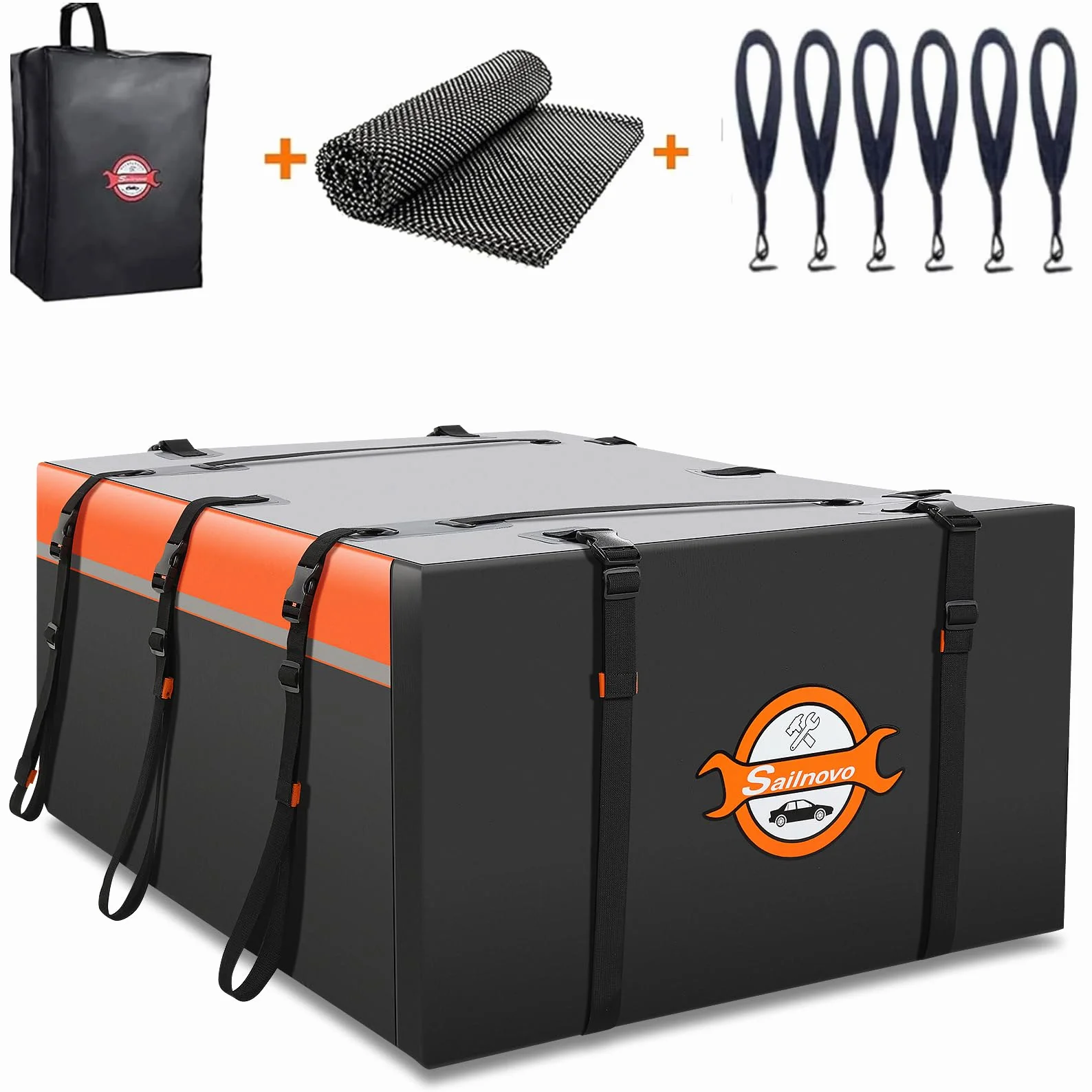 Sailnovo Box da tetto per auto, 21 piedi cubi, pieghevole, con tappetino antiscivolo, 6 ganci per porta, in PVC 1000D, per auto con/senza barra trasversale per portapacchi (arancione)