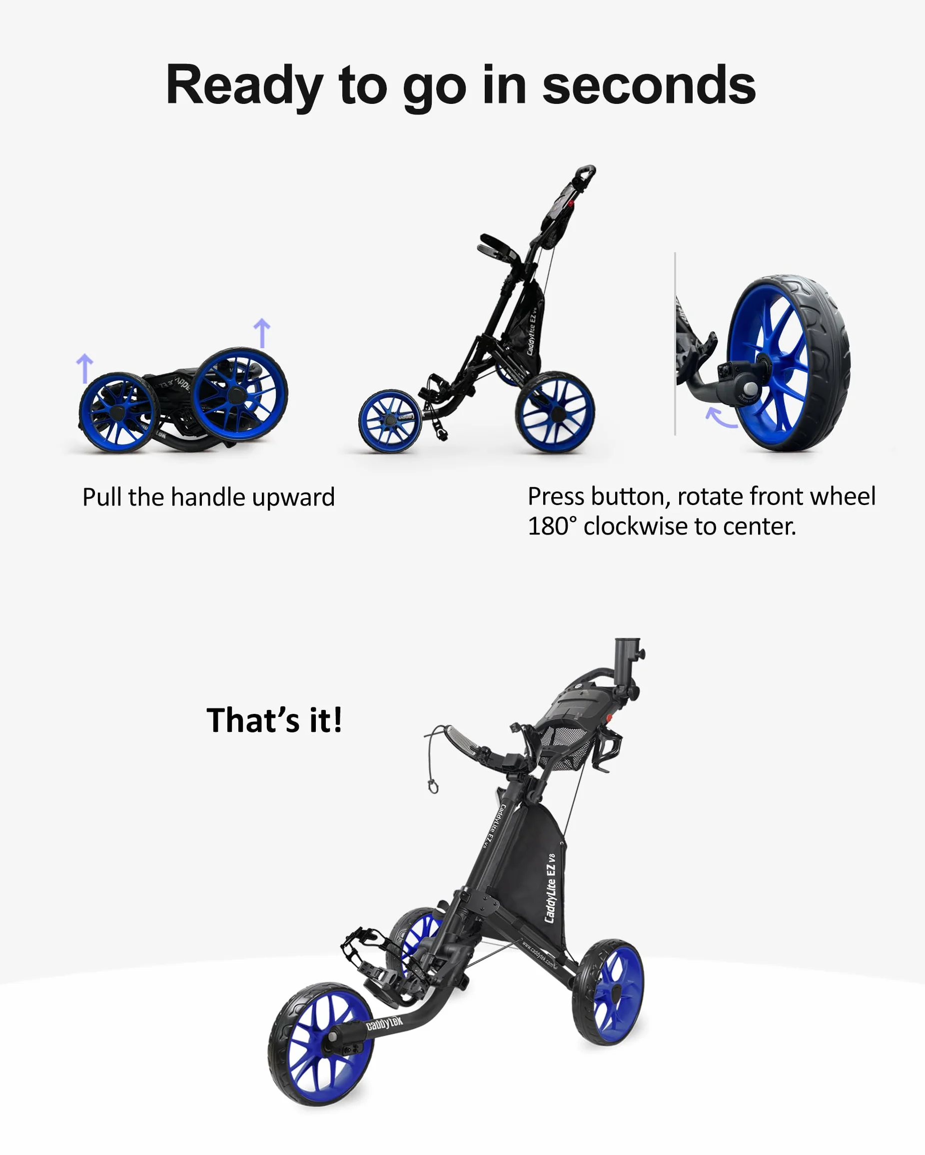 Caddytek CaddyLite EZ V8 Carrello da golf a 3 ruote pieghevole leggero con freno a pedale