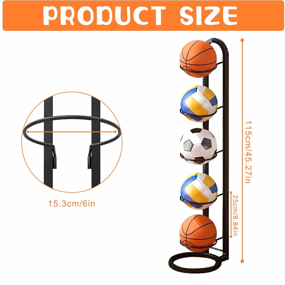 Porta Palloni a 5 Livelli Rastrelliera da Basket Verticale, Scaffale Stoccaggio Attrezzature Sportive Nero
