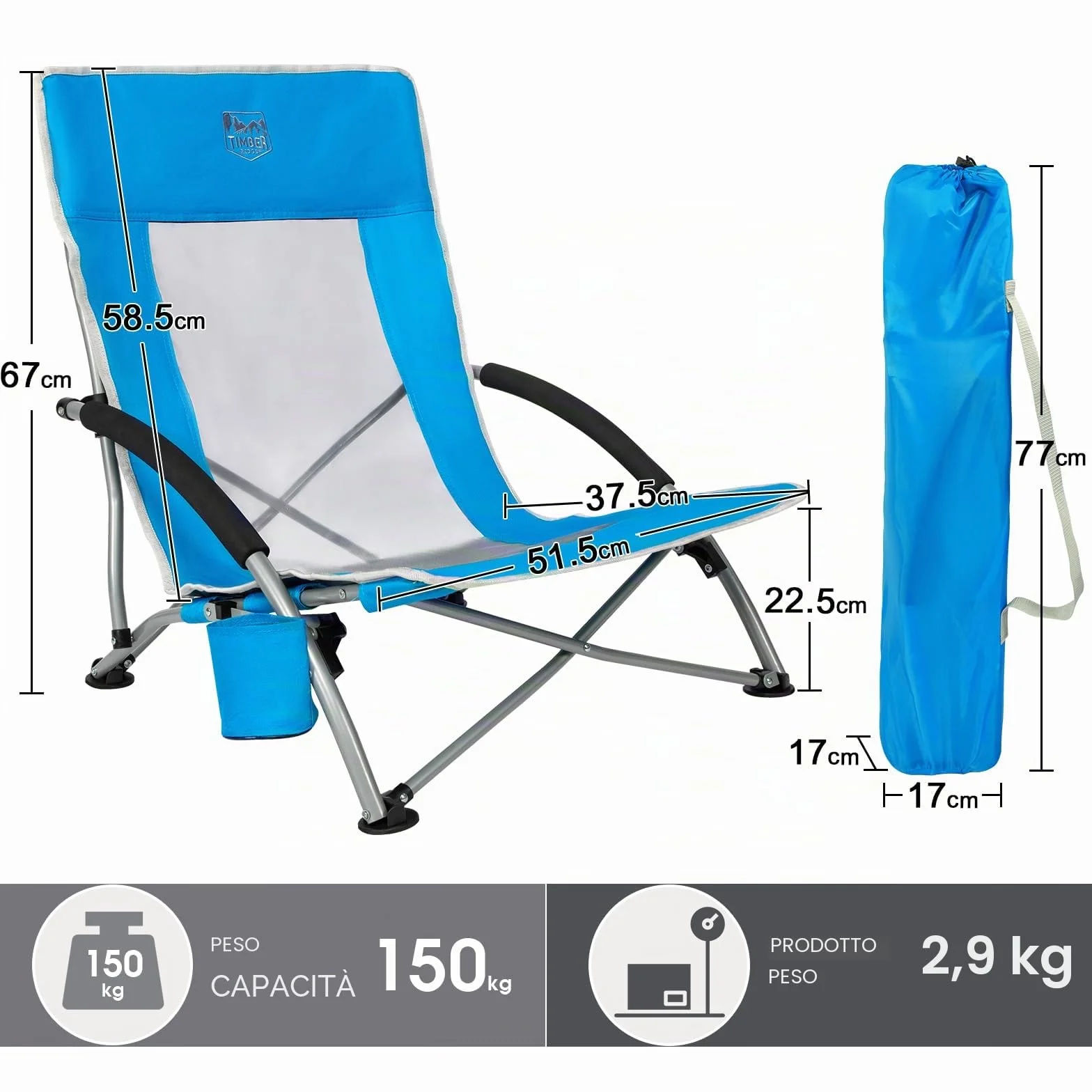 TIMBER RIDGE Sedia da Spiaggia Pieghevole Portatile con Basso Seduta, Schienale Alto Mesh Ultraleggero