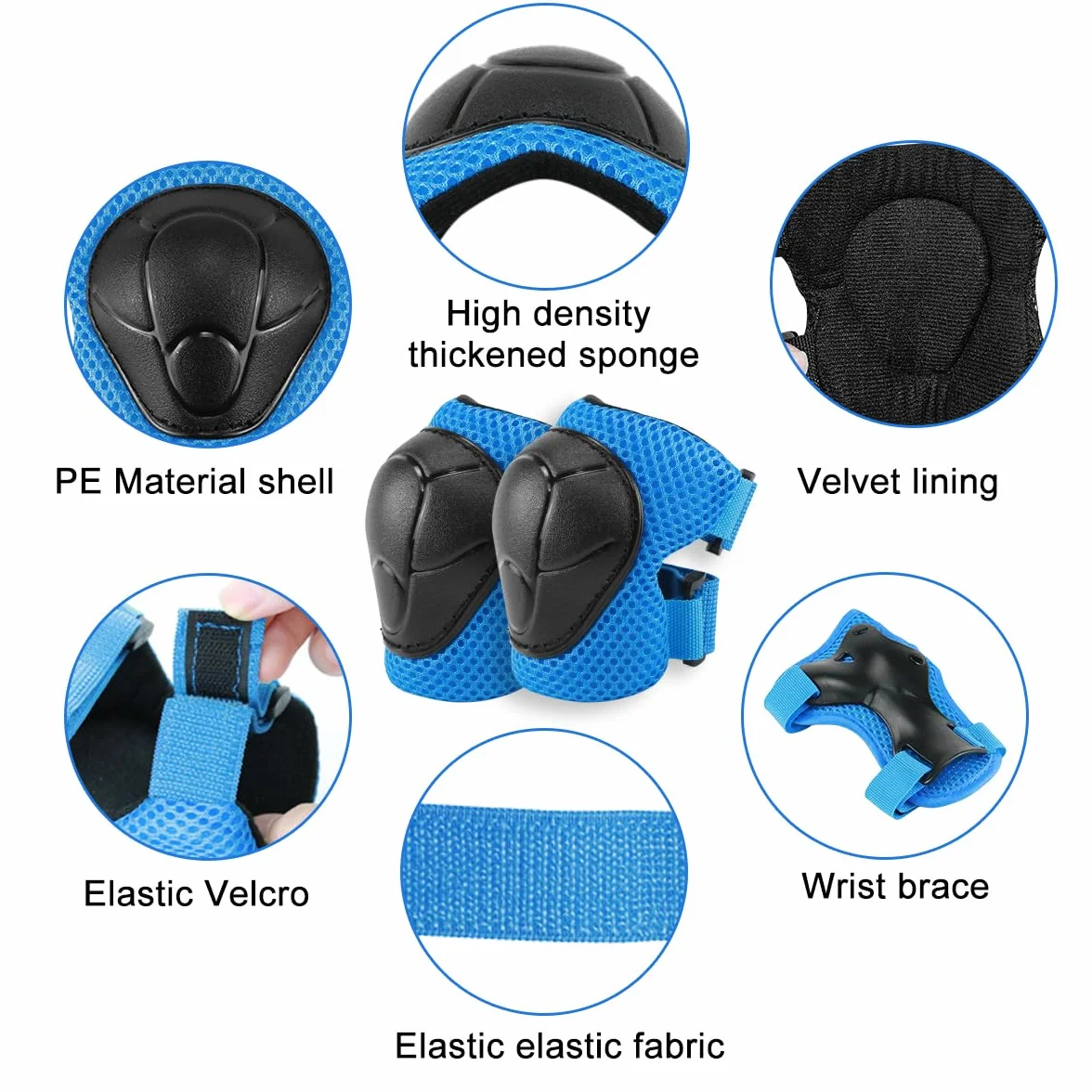 Protezioni Skateboard Bambini Ginocchiere Set 6-in-1 per Skateboarding Pattinaggio Biciclette Ciclismo Blu
