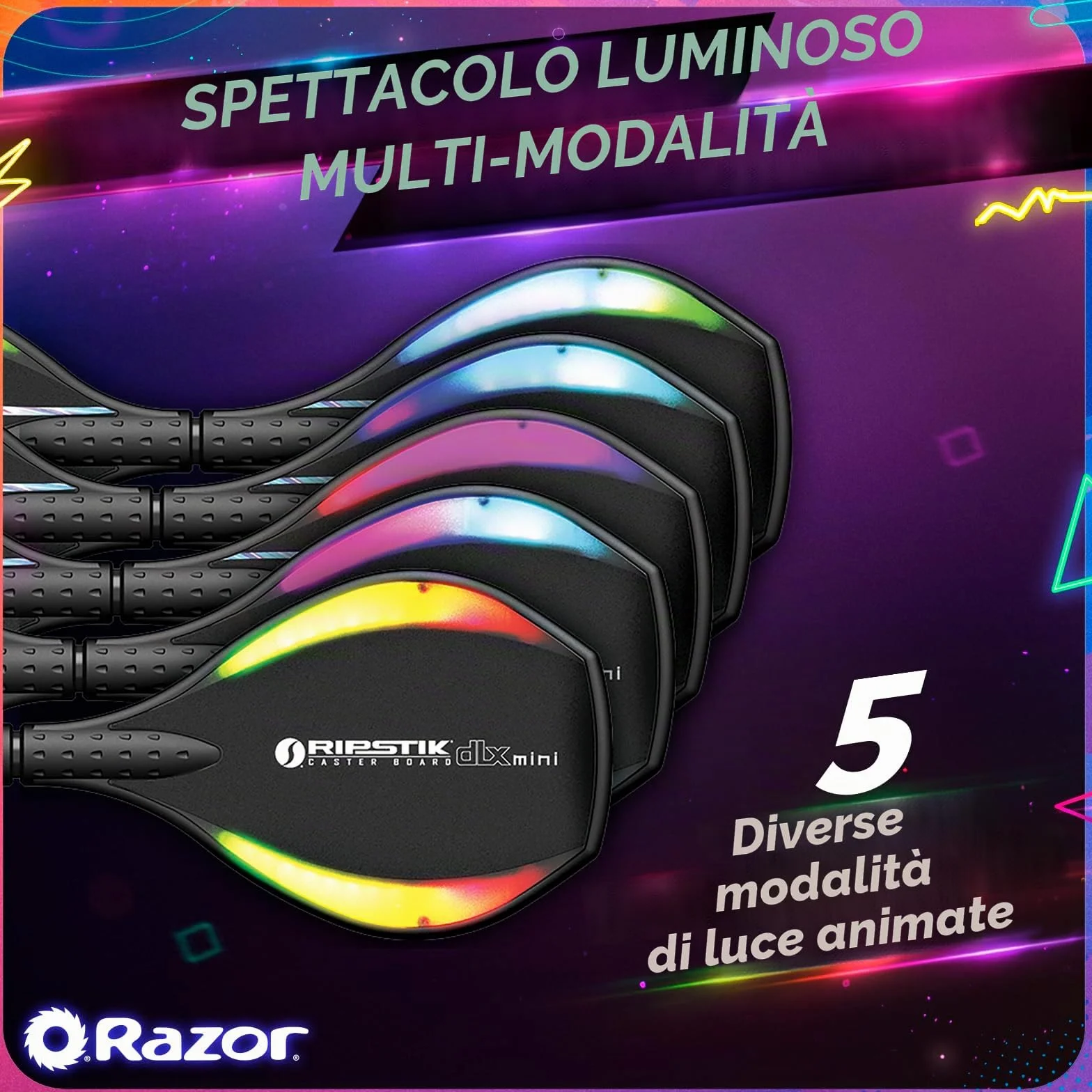 Razor Ripster Lightshow Waveboard - Tavola a Rotelle per Bambini Dagli 8 anni in su con Sterzo a 360°, Ponte Luminoso Attivato dal Movimento, 5 Modalità di Luce, Antiscivolo - Nero