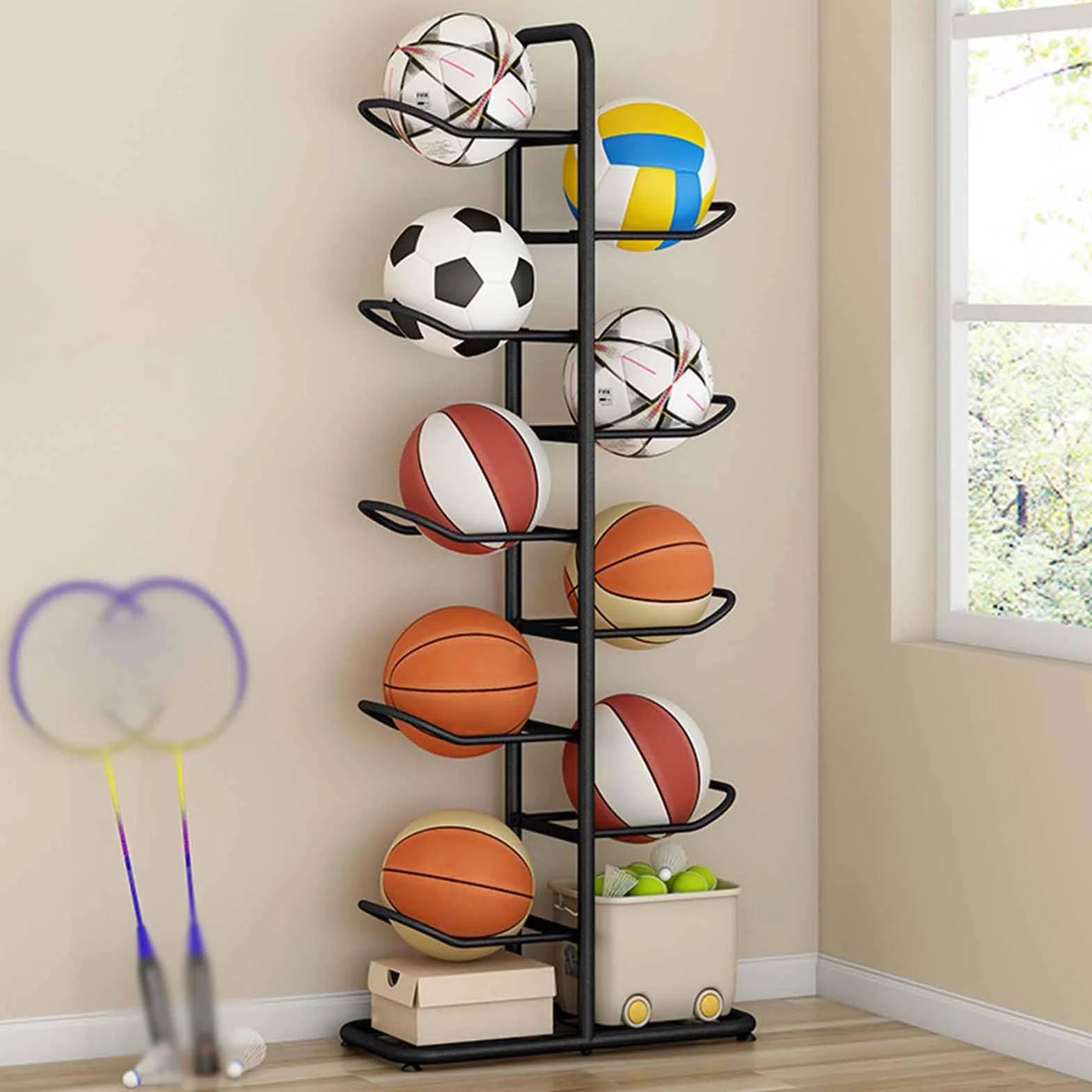 Portaoggetti per palloni Supporto da Calcio per Basket capacità 5/7/9 Espositore Verticale