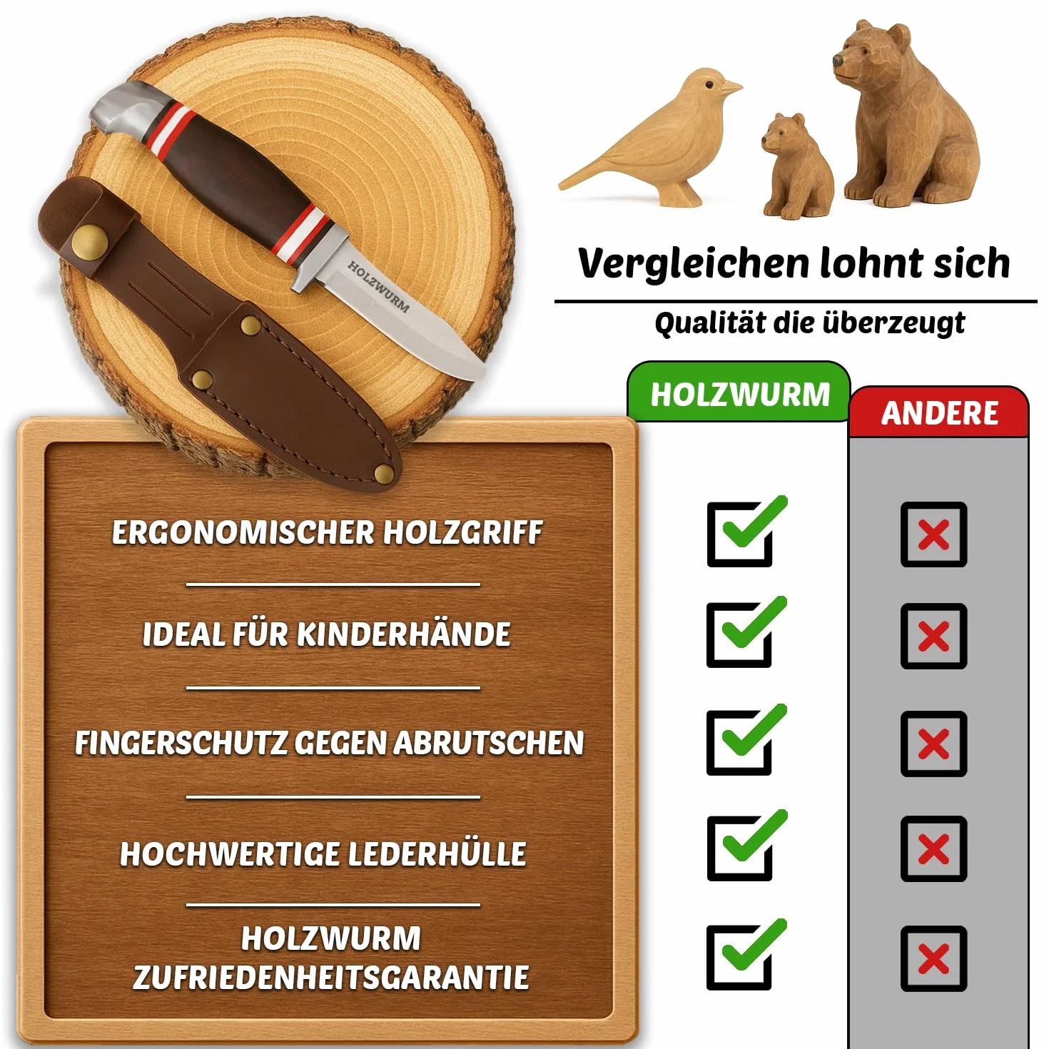 HOLZWURM Coltello da intaglio per bambini, coltello da tasca e da esterno