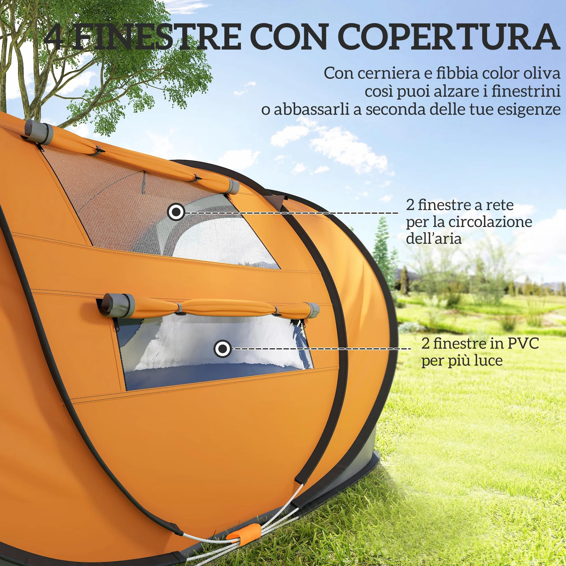 Outsunny Tenda da Campeggio Pop Up 4 Persone 2000mm Anti UV 20+ 263.5x220x123 cm Arancione