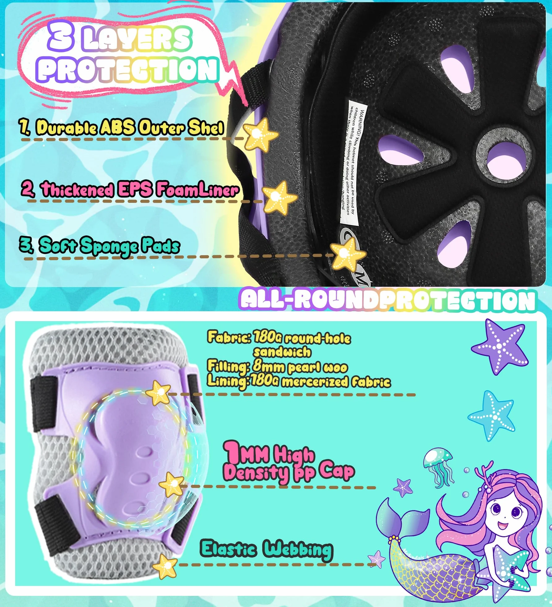 Sirenetta Set Casco Protezione Bambina Regolabile Ginocchiere Gomitiere Bici Skateboard Hulajnoga