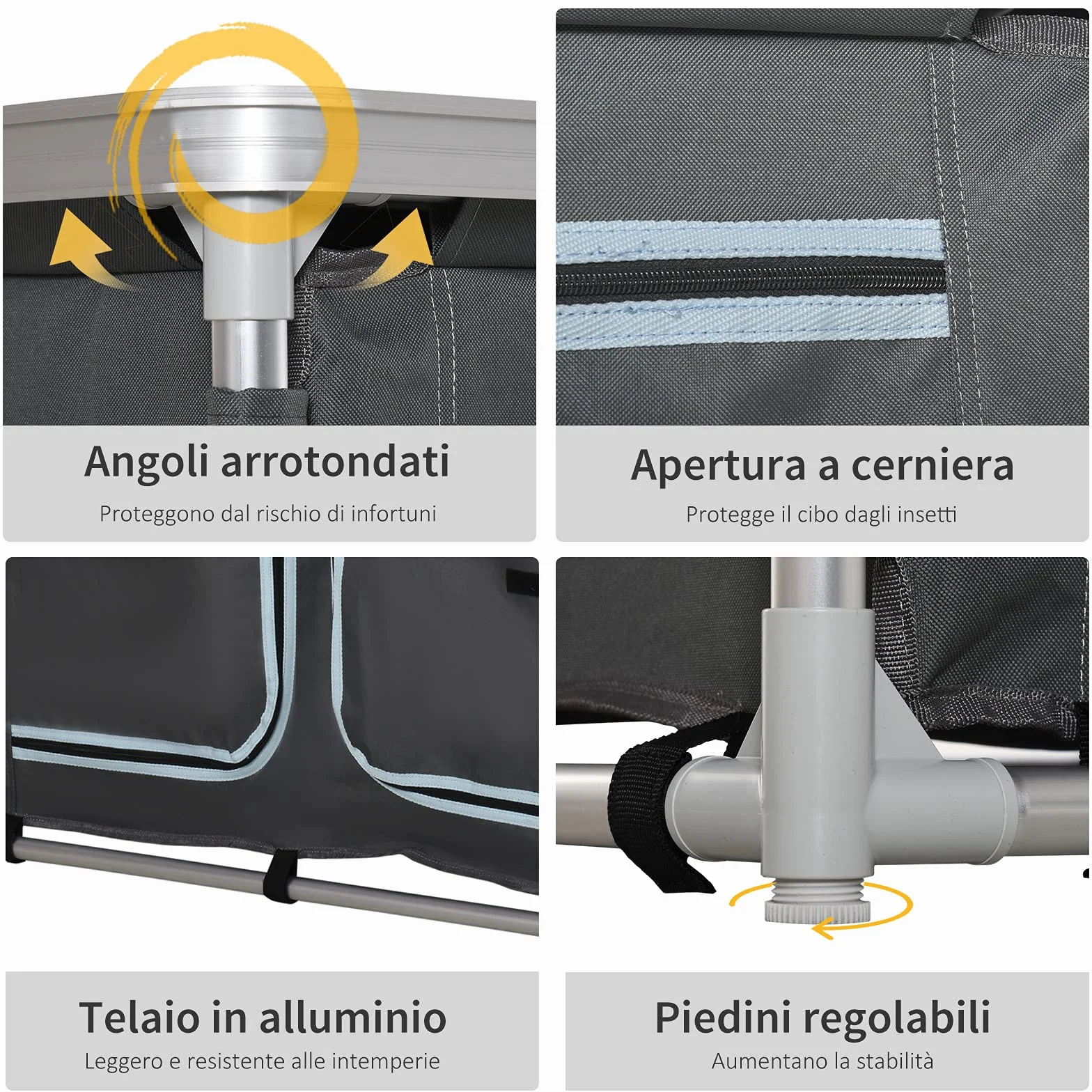 Outsunny Cucina da Campeggio Doppio Armadietto 96Lx49.5Px104cm Grigio Telaio Alluminio