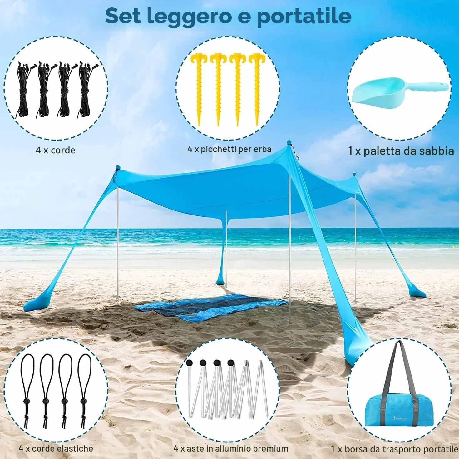 COMMOUDS Tenda da Spiaggia, Parasole 2,1m x 2,1m, Ombrellone Portatile Anti Sole con 4 aste, Facile da Montare e Adatto per Famiglie, Campeggio, Pesca