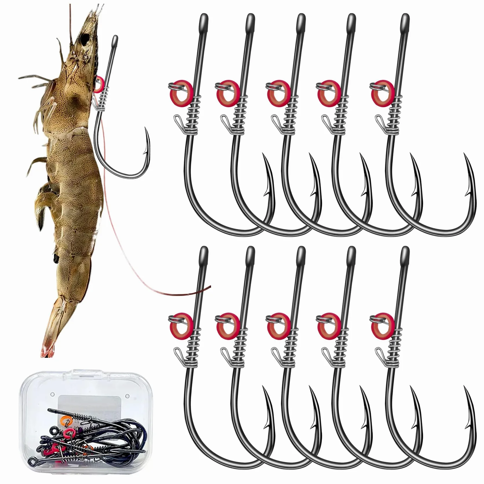 Set di ami per gamberetti vivi, ami da pesca in acciaio al carbonio spinato per acqua dolce e salata, esca per gamberetti, spigola, carpa, pesce gatto esca