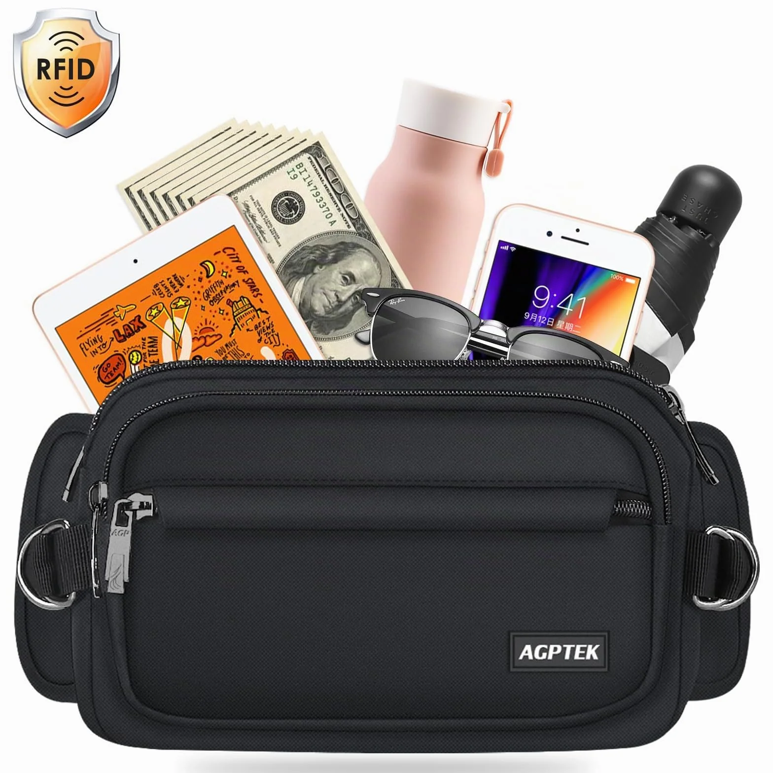 AGPTEK Marsupio Sportivo Uomo Donna 5 Tasche Lavoro Grande RFID Portasoldi Cintura Regolabile Corsa Campeggio Viaggio