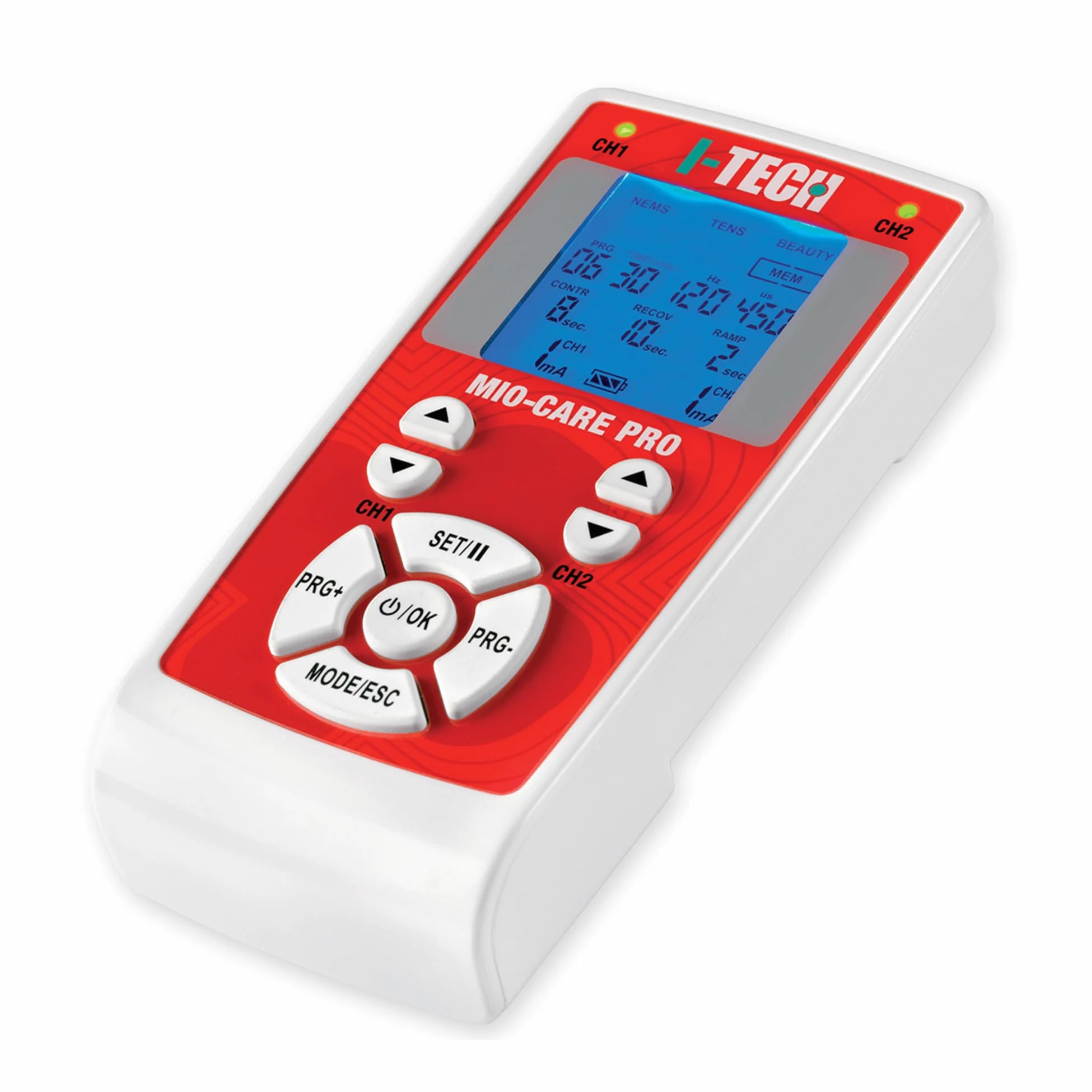 I TECH Mio-Care PRO, Elettrostimolatore 2 Canali Indipendenti, 8 Elettrodi, Display Retroilluminato, Max 100 mAh per Canale, 50 programmi: 14 medicali, 15 beauty, 21 fitness, 13 Memorie Libere