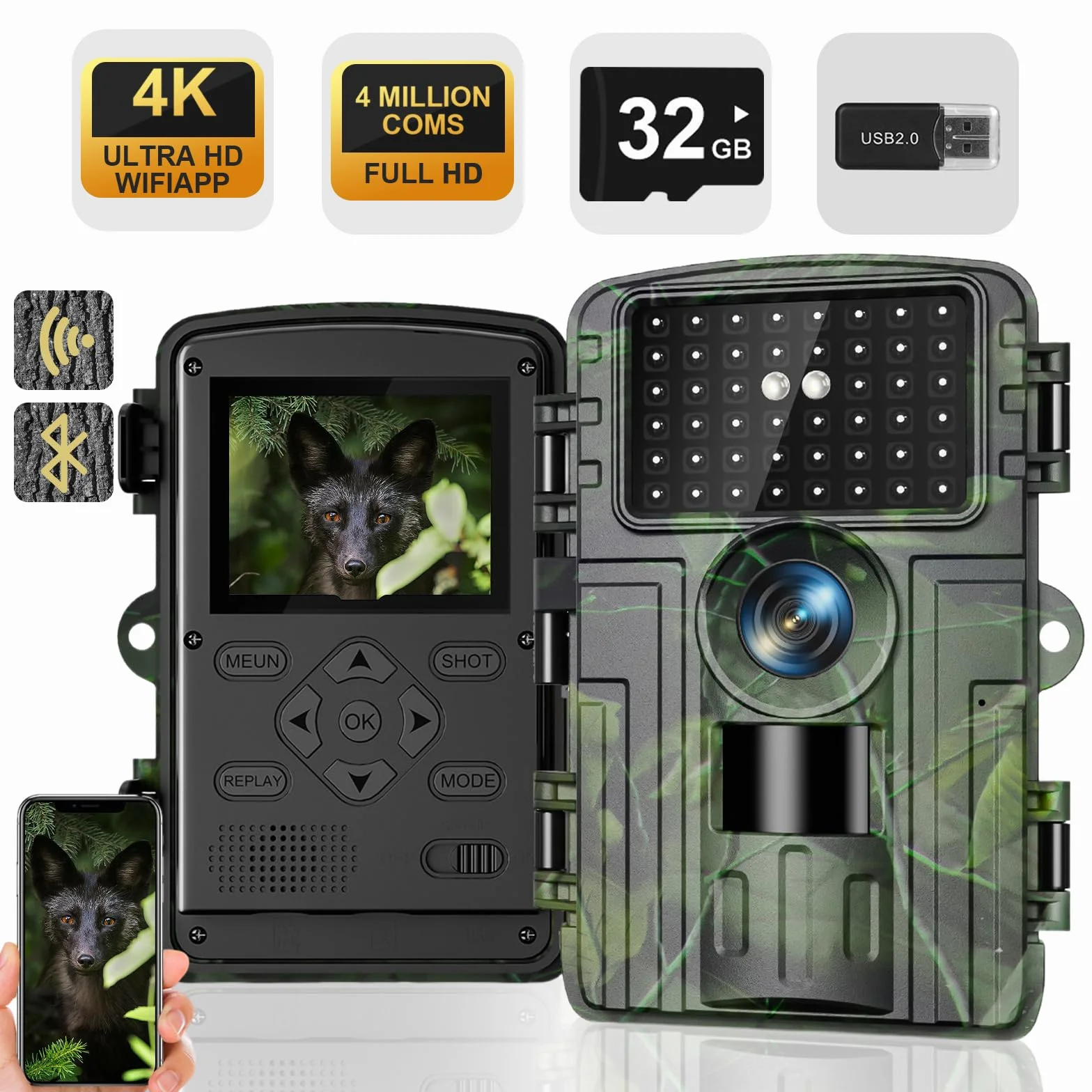 Fototrappola WiFi 4K 60MP con App, Notturna IR Visione 120 Ultra Grandangolo, Sensore di Movimento, 0,2s, 940nm