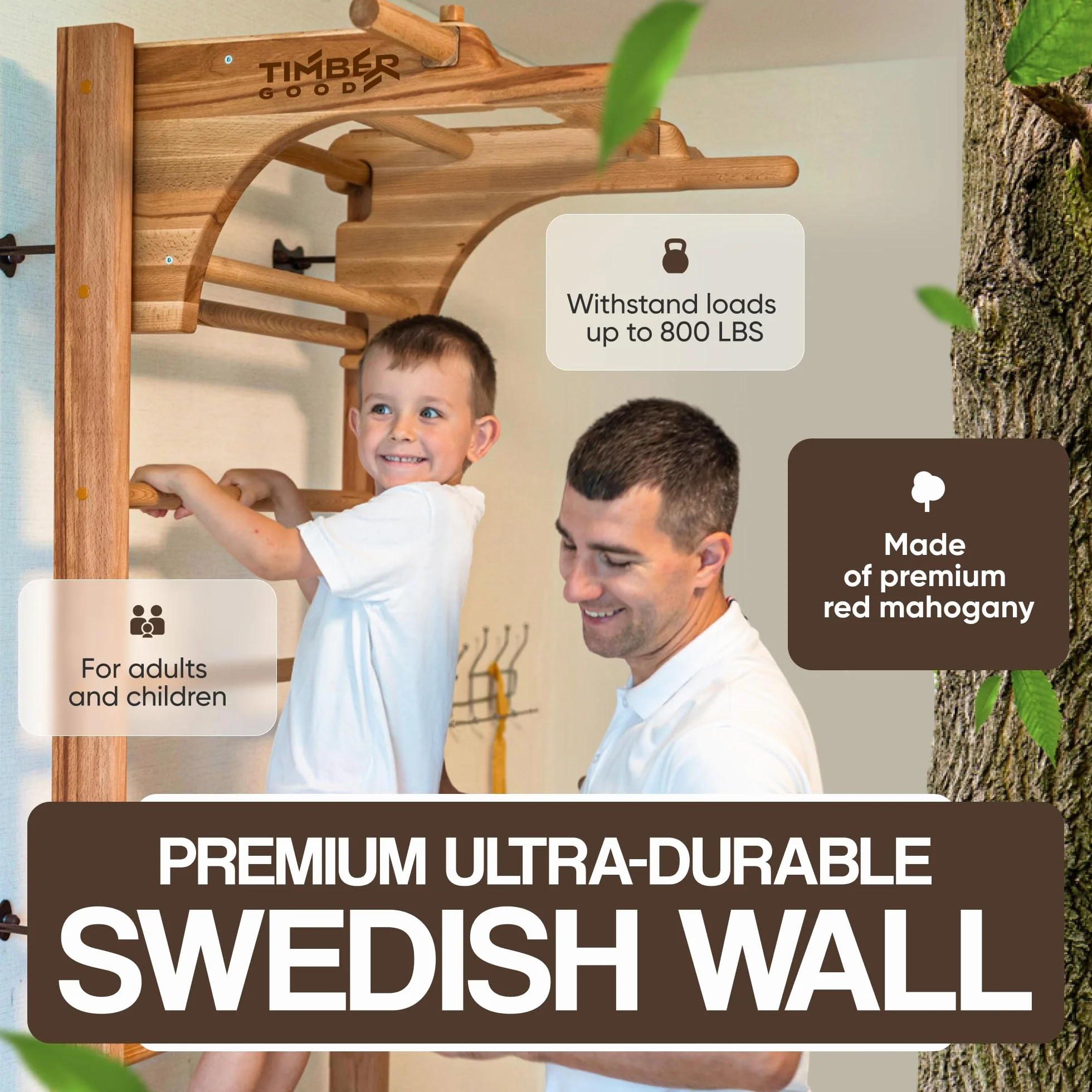 Timbergood Scala svedese barre da parete con barra di trazione rimovibile legno di faggio massello