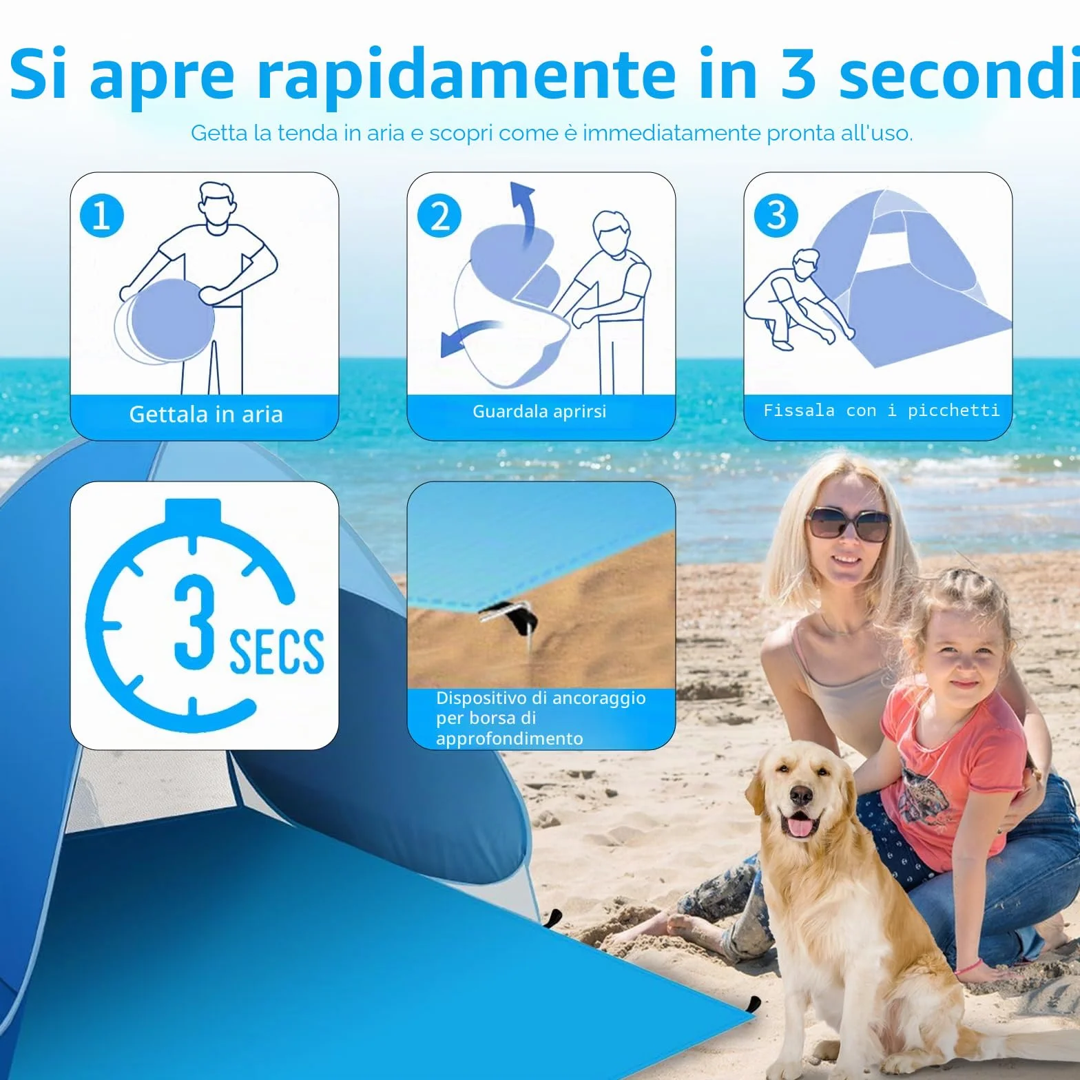 Tenda da Spiaggia Pop Up 1-2 Persone, Protezione Solare UV UPF 50+, Leggera con Borsa
