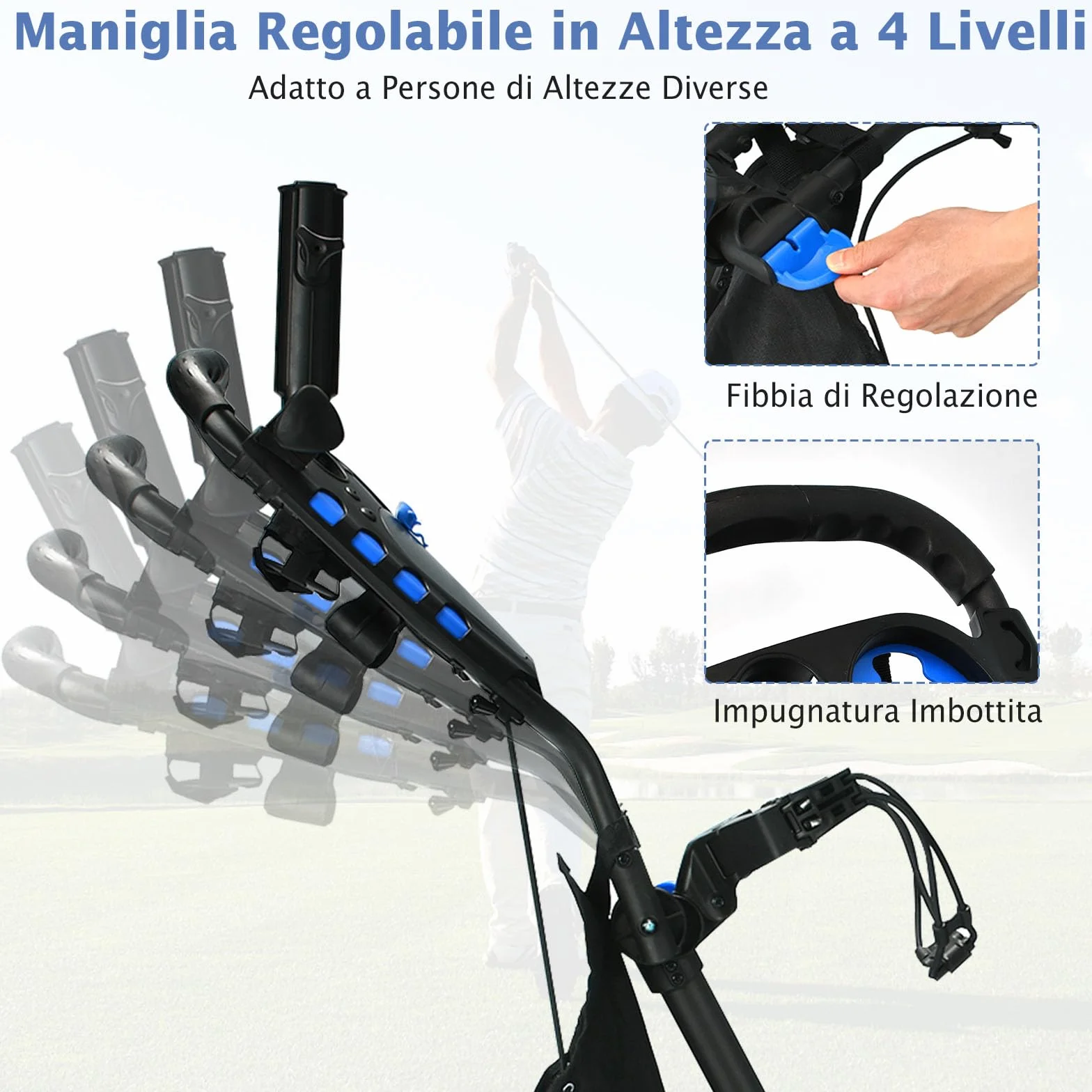 COSTWAY Carrello da Golf Pieghevole Leggero 4 Ruote con Borsa Impermeabile, Freno a Pedale, Porta Tazza e Porta Ombrello