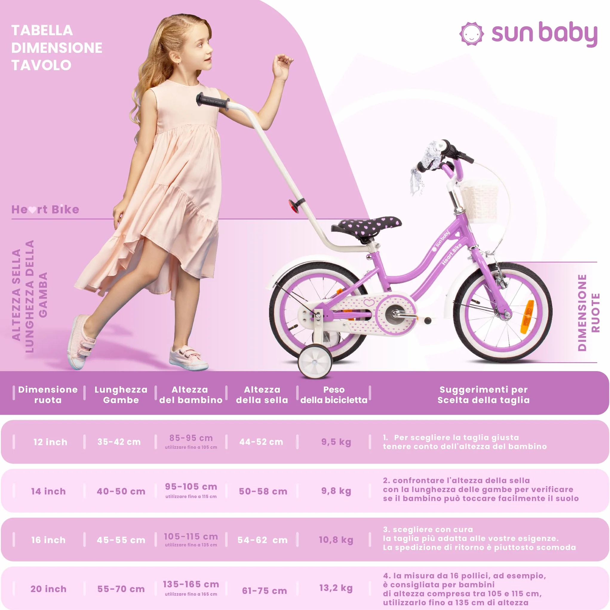 Sun Baby Heart Bike Bicicletta bambina 12/14/16 pollici, bici con rotelle, barra di spinta, cestino, campanello