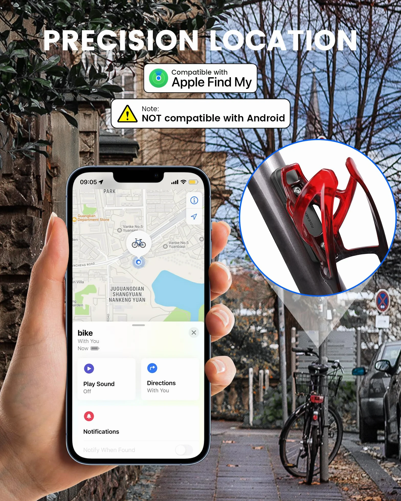 Ravemen Bike Tracker compatibile con Apple Find My, localizzatore GPS antifurto ricaricabile per biciclette, durata 8 mesi, accessori nascosti sotto la bottiglia (solo iOS)