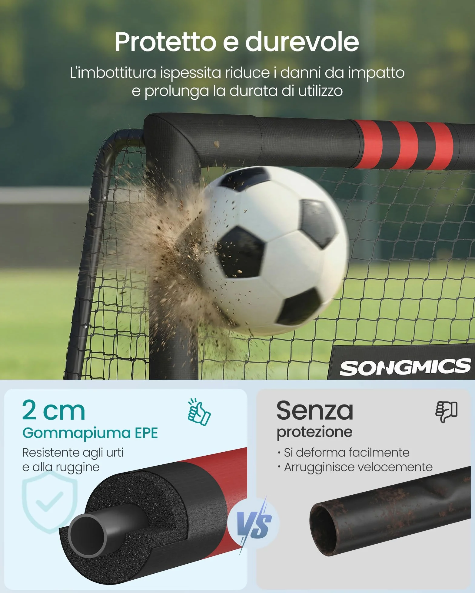 SONGMICS Porta da Calcio Acciaio Rete PE Esterni Giardino Spiaggia Rivestita Gommapiuma