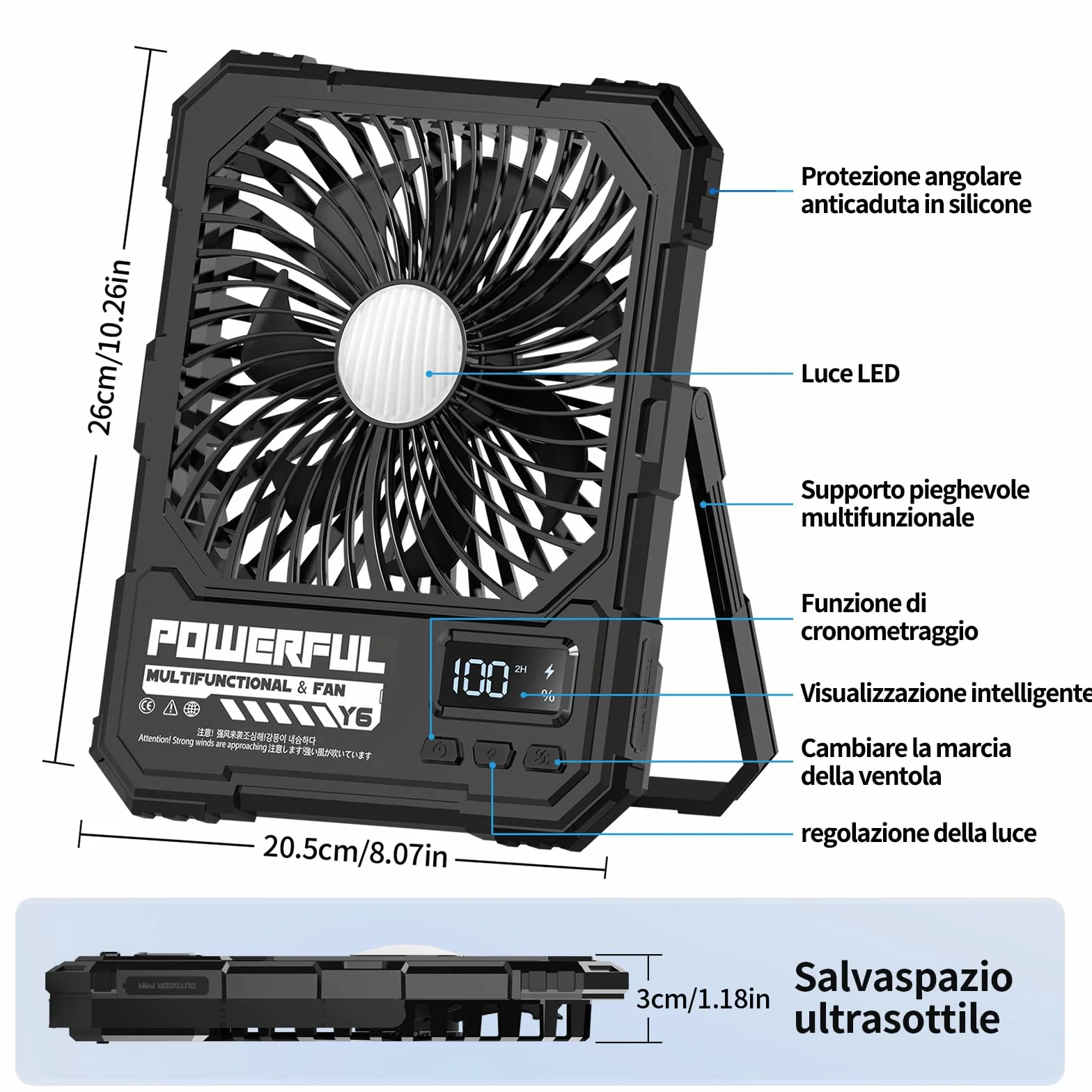 Ventilatore da Campeggio Portatile Alimentato a Batteria da 20000 mAh, Ventilatore da Viaggio Ricaricabile da 8 Pollici, Fino a 82 Ore di Durata Della Batteria, Adatto Per Camera da Letto, Esterno