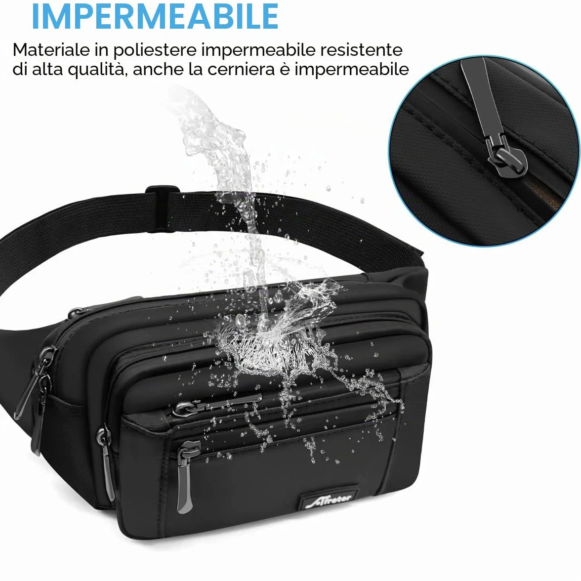 HNOOM Marsupio Impermeabile Uomo Donna Sportivo Lavoro Grande Trekking con Cintura Regolabile 5 Tasche (Nero)