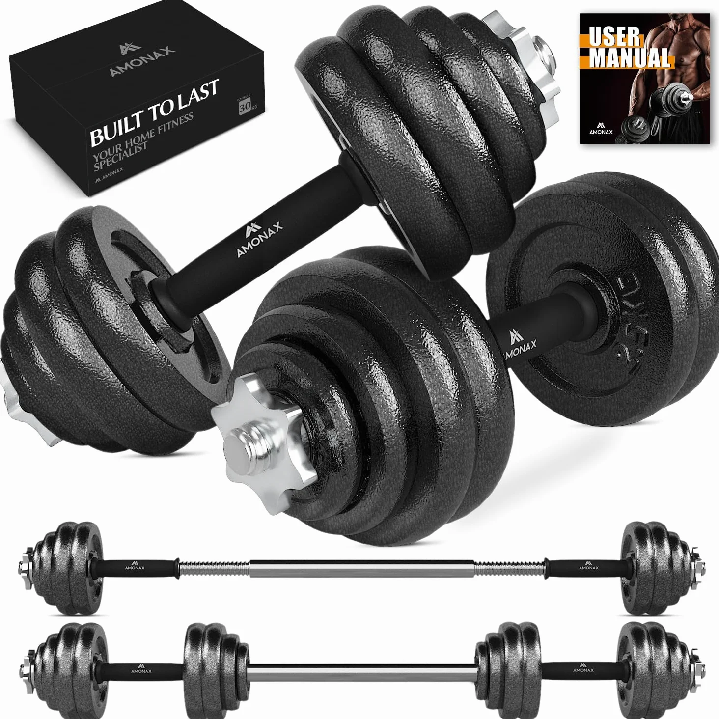 Amonax 15 20 30KG Pesi Palestra manubri Regolabili, Set Bodybuilding Attrezzi bilanciere con Dischi ghisa per Home Gym, Kit Sport Ideale per l'allenamento a casa, Dumbbells
