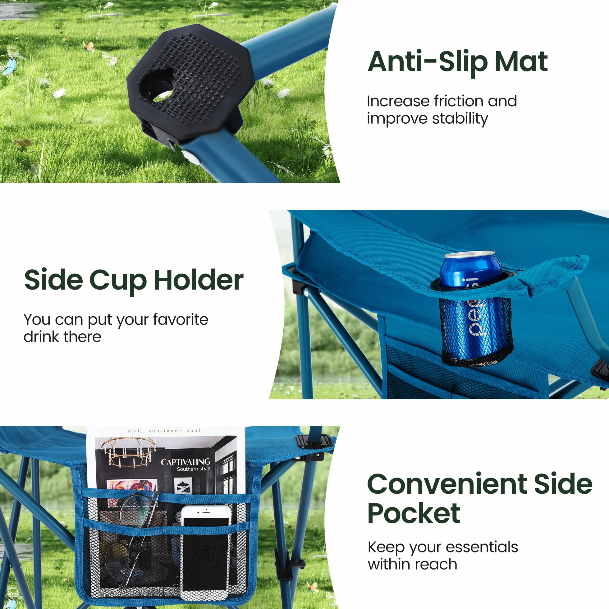 HIGH POINT SPORTS Sedia da Campeggio Pieghevole 2 Pezzi 102 kg con Braccioli Blu
