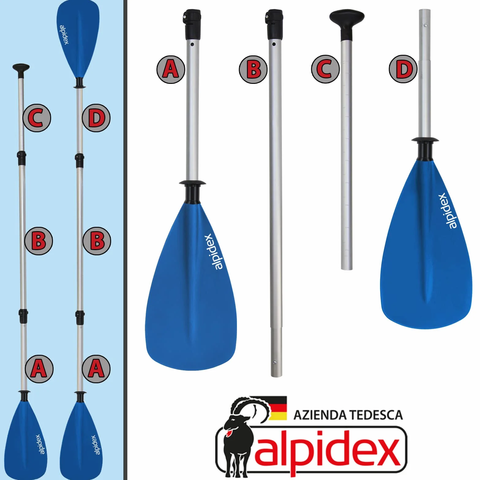 ALPIDEX Pagaia Doppia SUP Kayak Canoa Stand Up Paddle Regolabile 160-207cm Aluminiowa