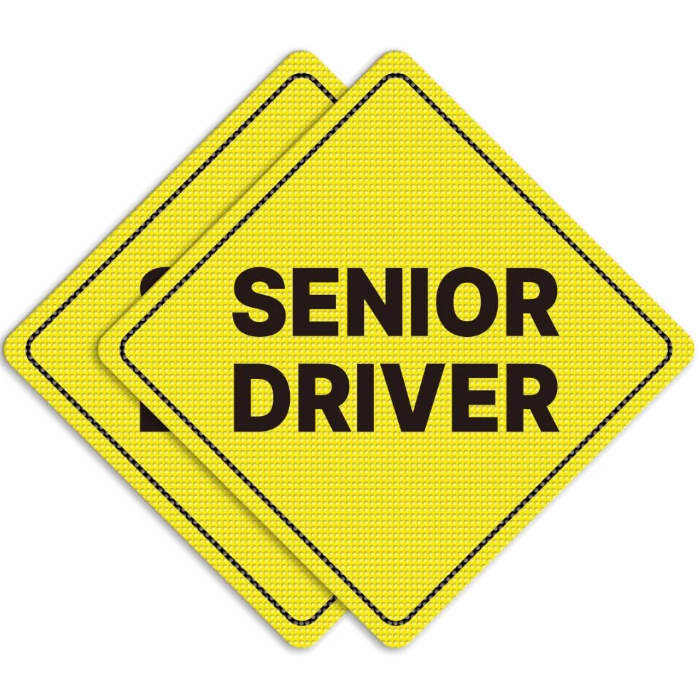 GEEKBEAR Cartello per auto con scritta "Senior Driver", adesivo o magnete e opzioni di colore, resistente alle intemperie, a forma di diamante, 12,7 x 12,7 cm (adesivo trasparente, giallo, 2 pezzi)
