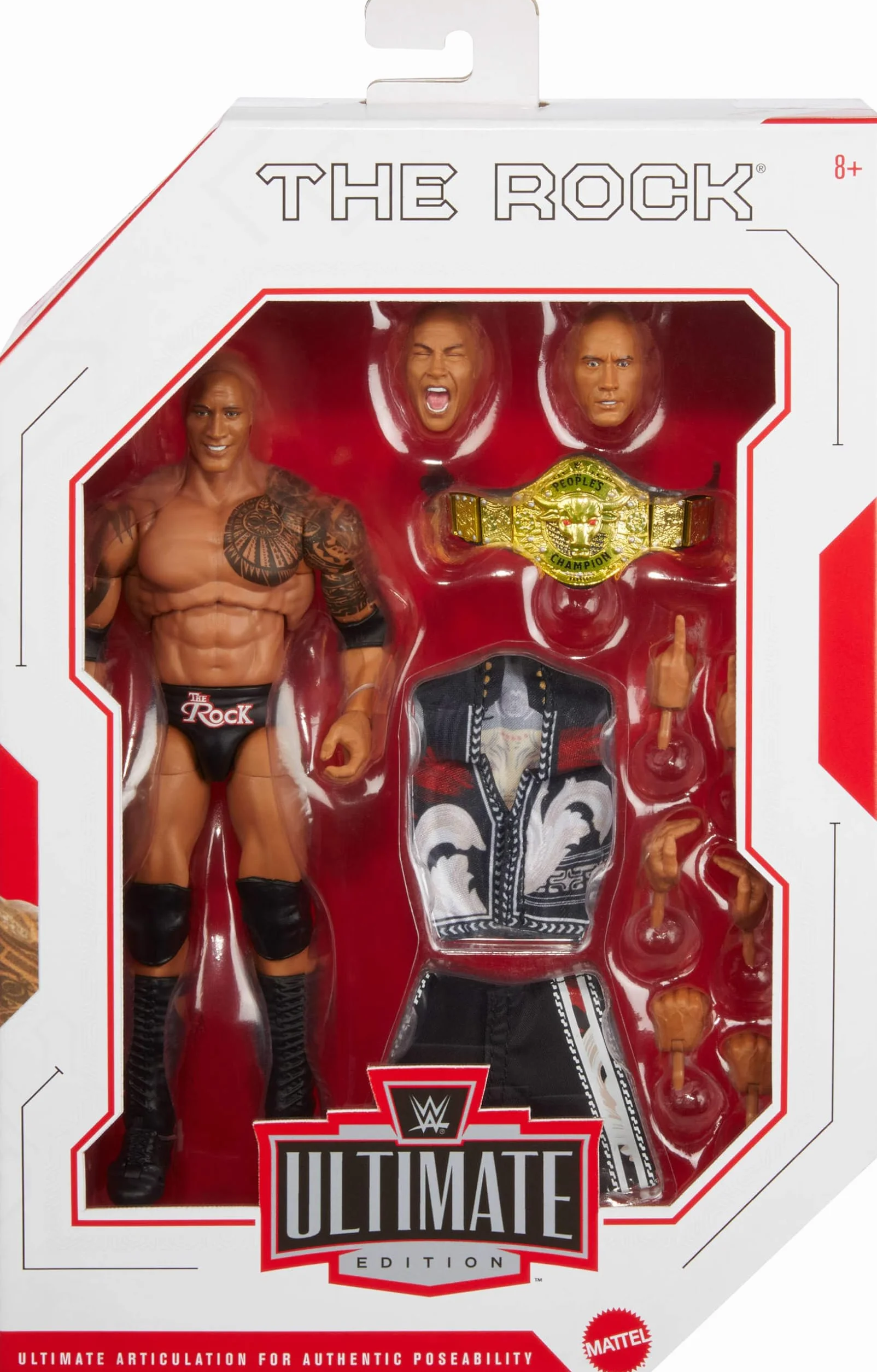 Mattel WWE Ultimate Edition Action Figure The Rock Collectible Set, 15,2 cm, Teste e mani intercambiabili, 30 punti di articolazione