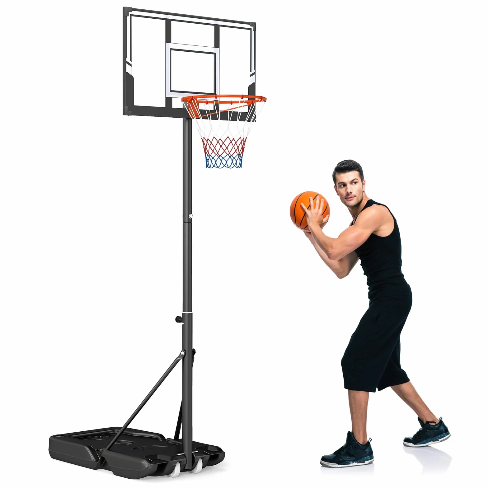 COSTWAY Canestro da Basket da Esterno Portatile Regolabile 1-3M Tabellone Antiurto con Ruote