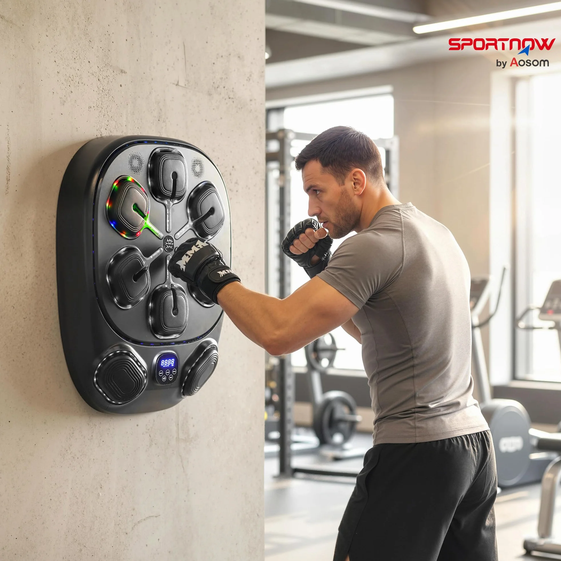 SPORTNOW Macchina da Boxe Musicale a Parete con 9 modalità e Luci LED Multicolore, Music Boxing Machine per Adulti con Connessione Bluetooth, per Casa e Palestra, 61x48x11 cm, Nero