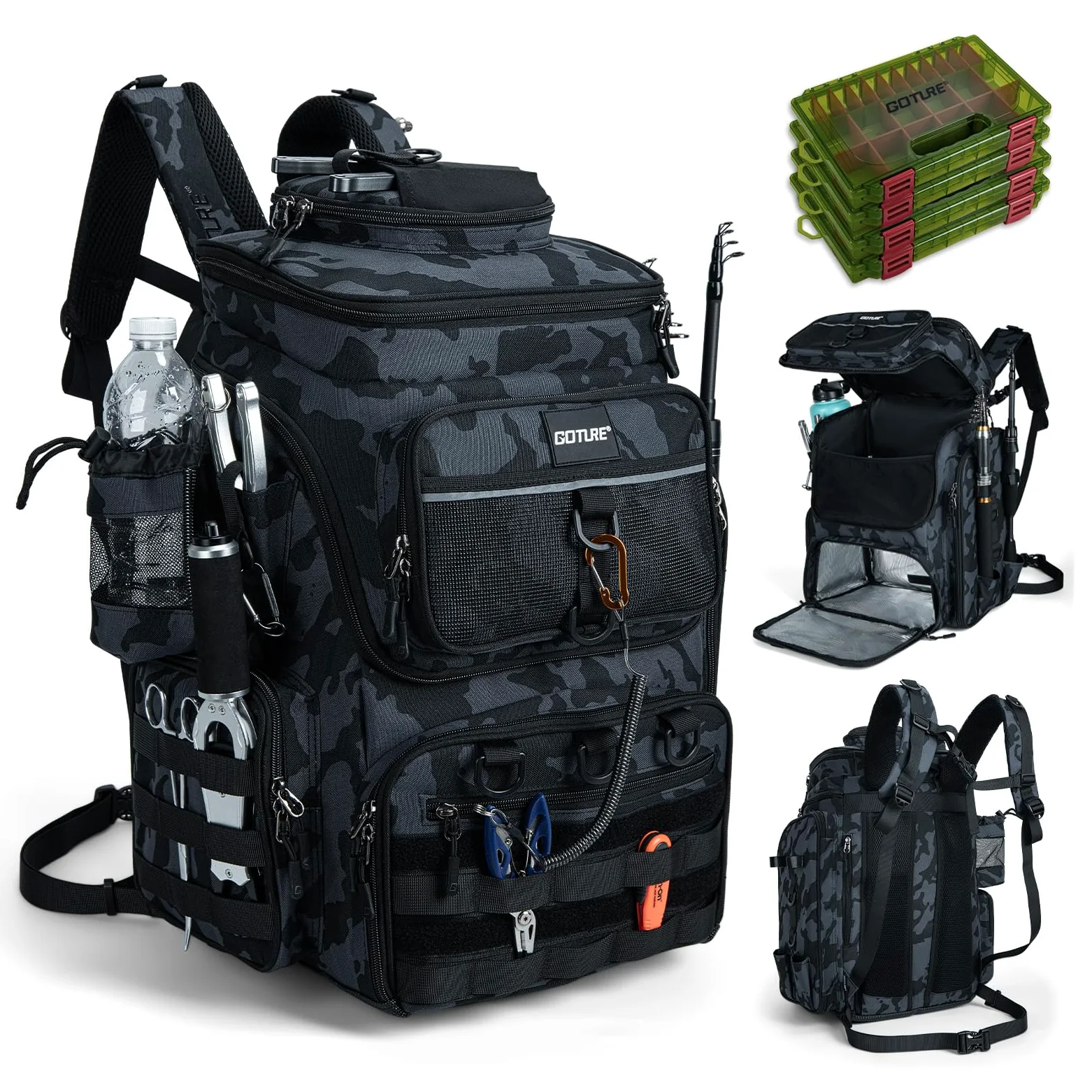 Goture Zaino da pesca con 4 scatole per esche da pesca, 55 litri, con due supporti per canna e parapioggia, in tessuto Oxford 900D, impermeabile, borsa per attrezzatura da pesca con scomparto