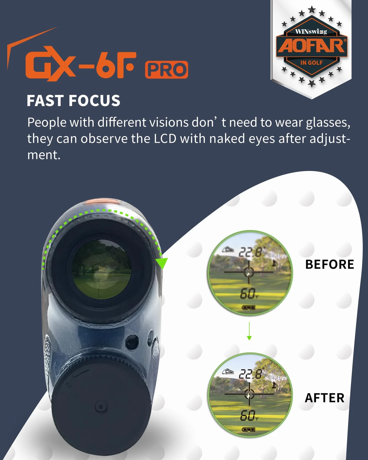 AOFAR GX-6F PRO Telemetro golf con Pendenza, 600Y, Telemetro a Scansione Continua, Blocco Bandiera Con Vibrazione Pulsata Per Le Competizioni, Lettura Di 0,2 Secondi, Versione Aggiornata