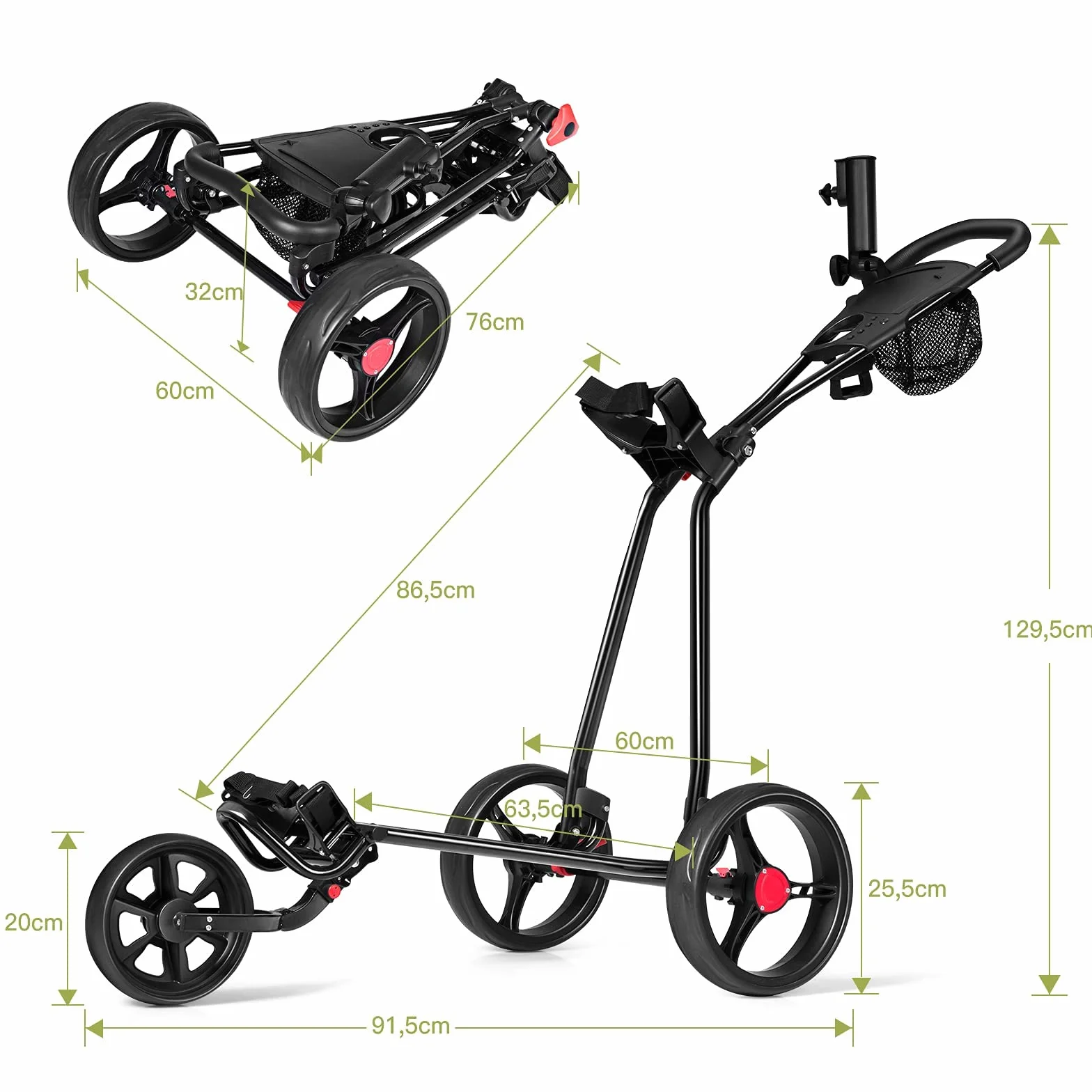 LIFEZEAL Carrello da Golf Pieghevole a 3 Ruote, Maniglia Regolabile TPR, Freno a Pedale, Ferro, Portaombrelli, Nero
